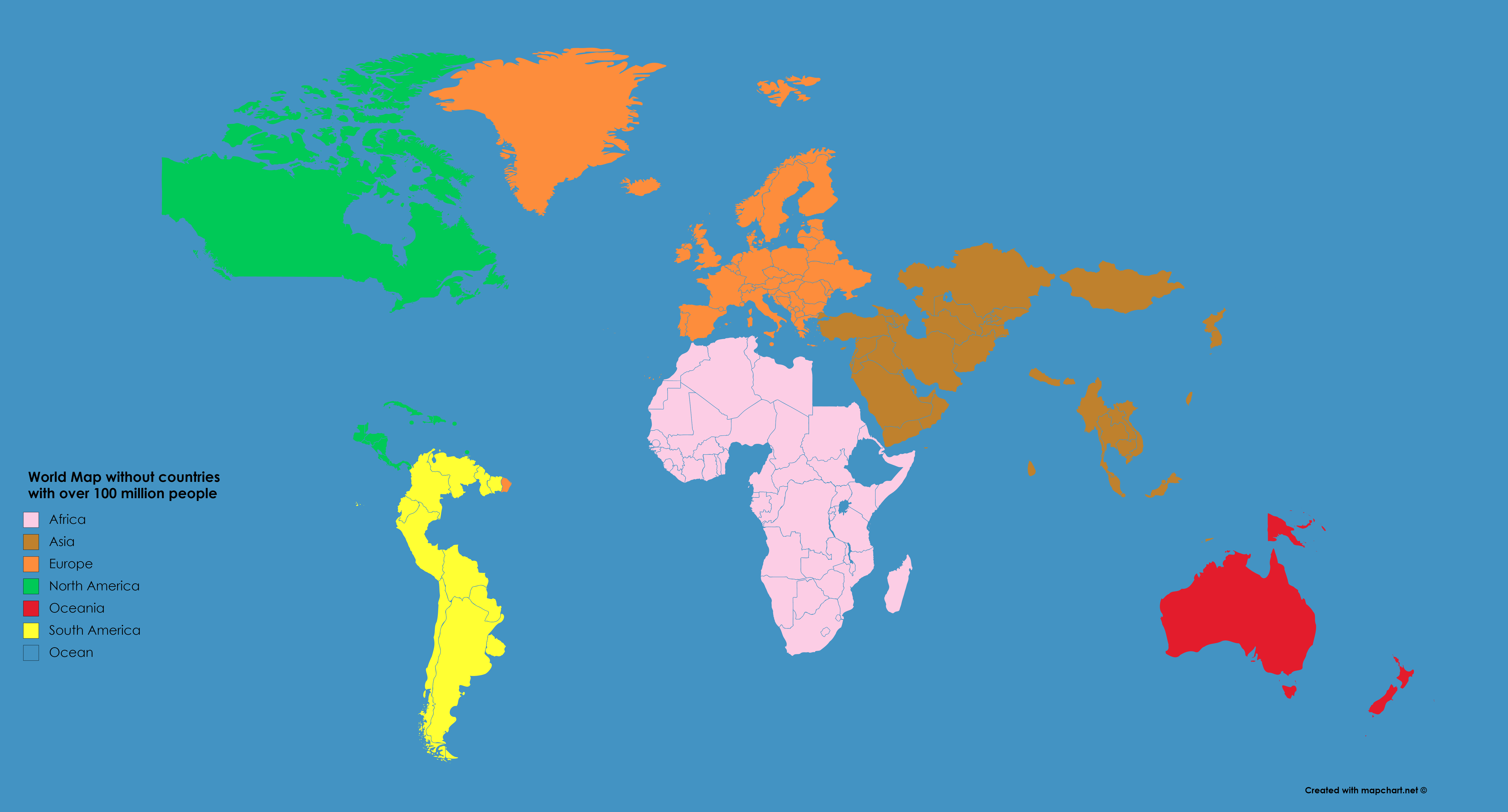 A World Map without countries with over 100 million people