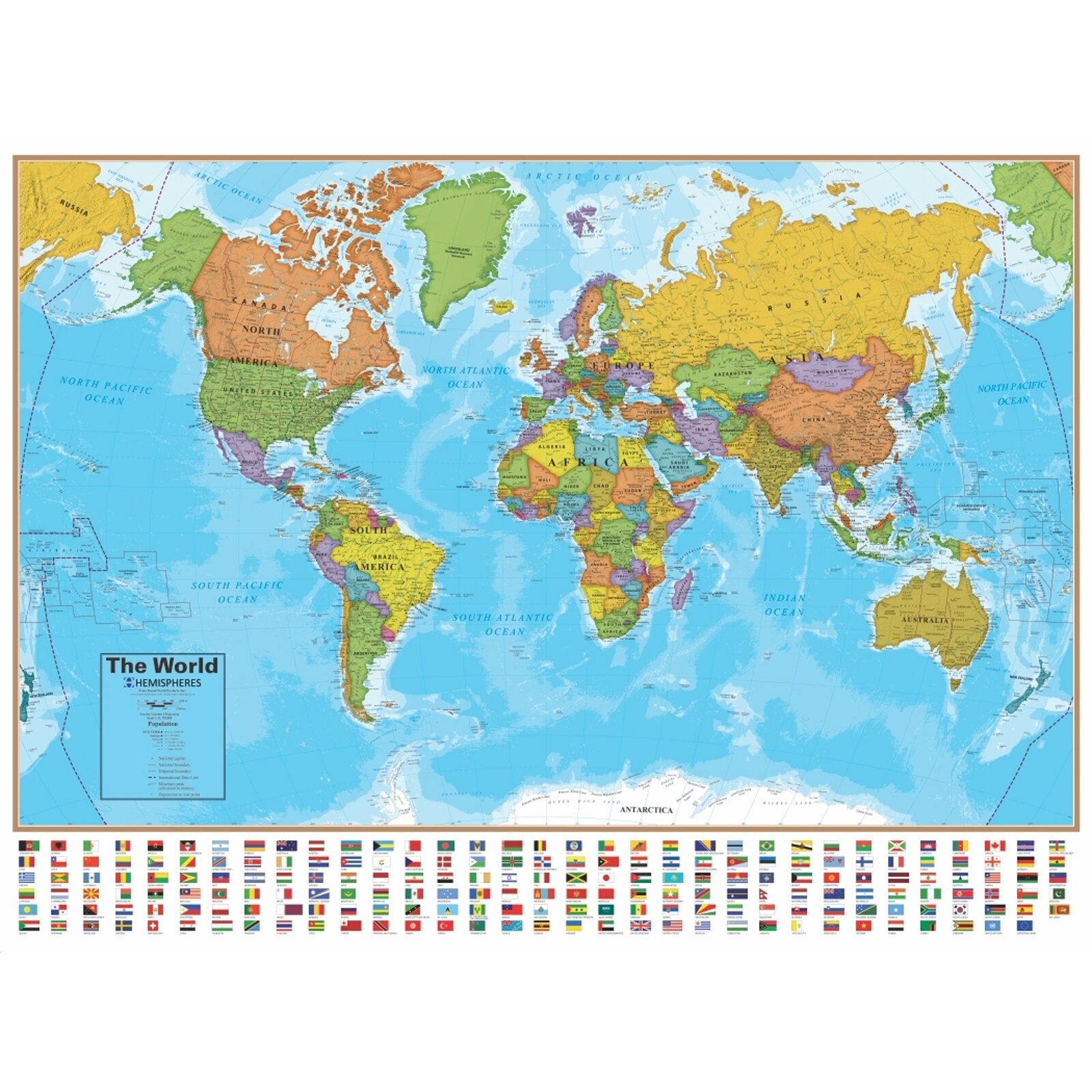 Round World Hemispheres Laminated Map U.S. World, 38 x 48