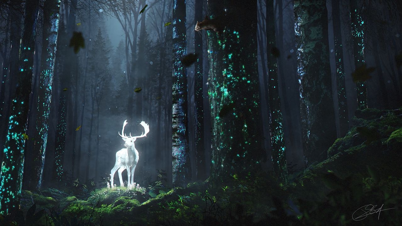 Wallpaper deer forest night glow art grass trees leaves