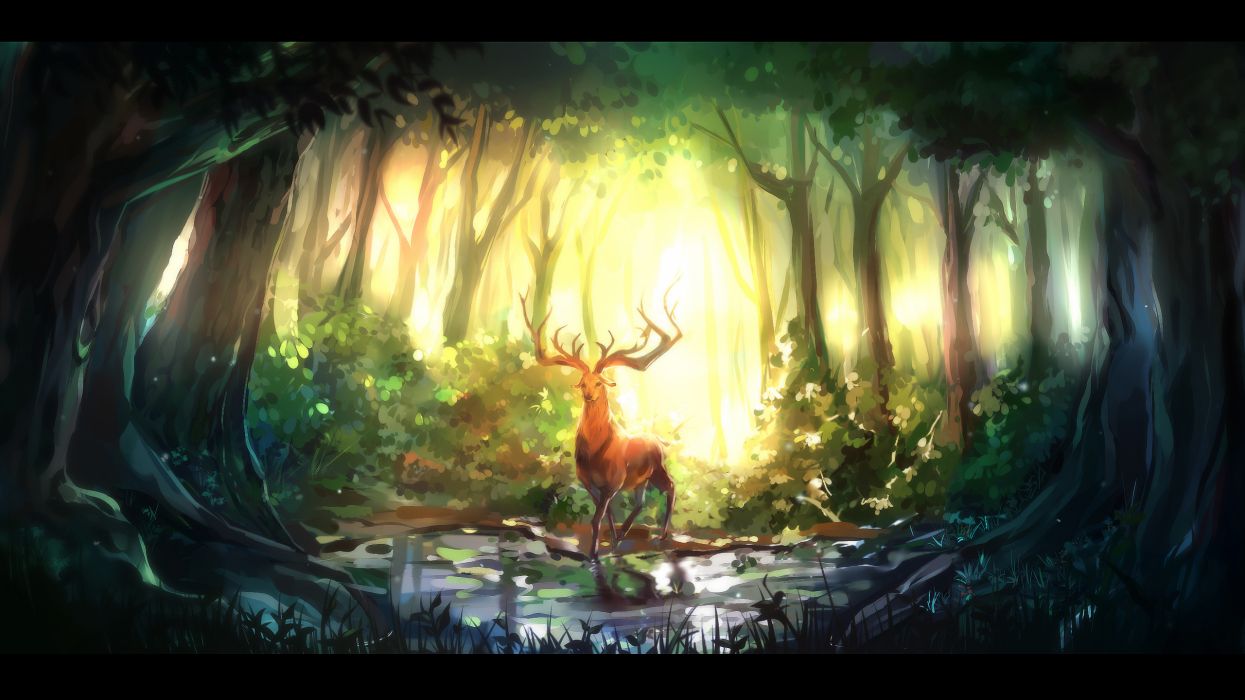 Original deer forest trees sunlight mood fantasy wallpaper