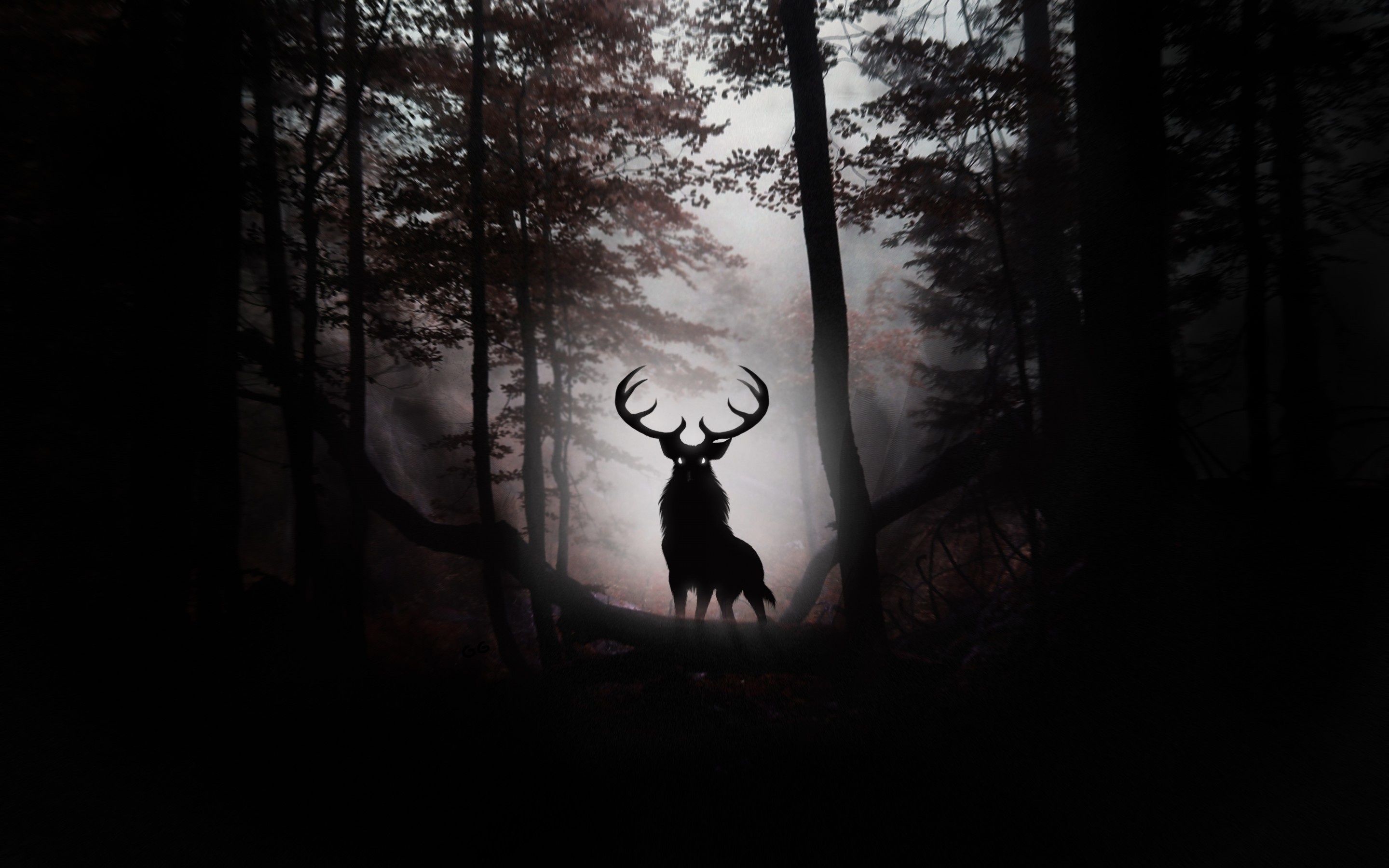 Wallpaper deer, art, horn, wood, tree, forest, fog desktop