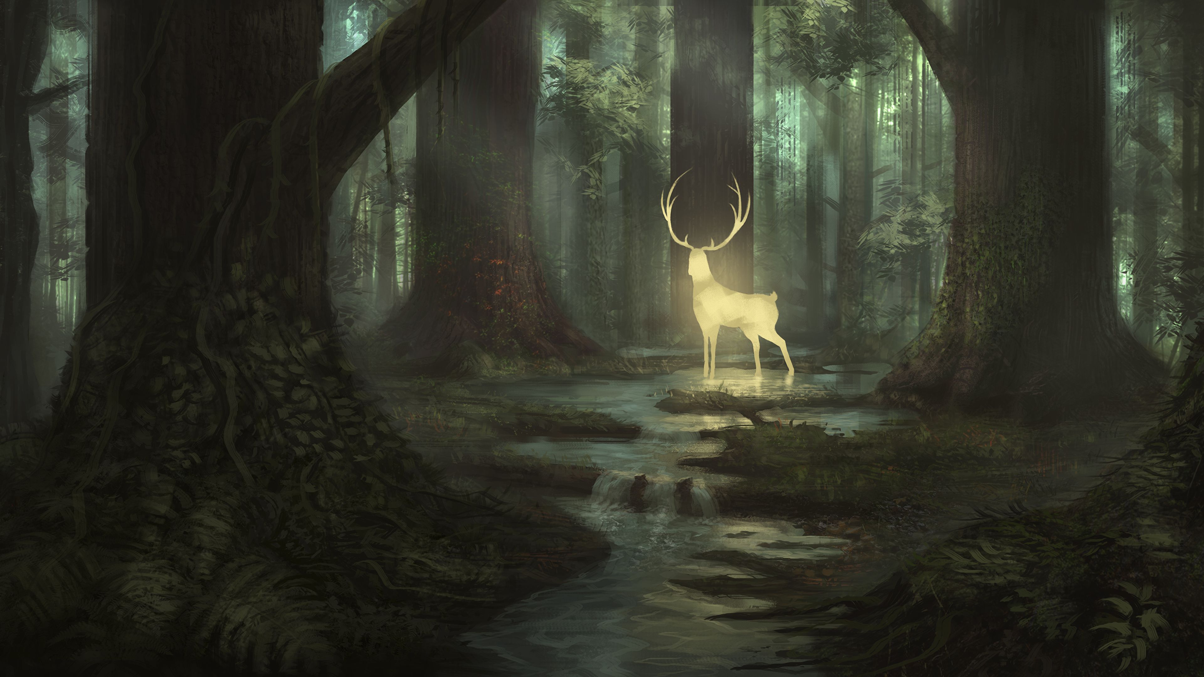 Photos Deer Fantasy forest Trees Animals Painting Art 3840x2160