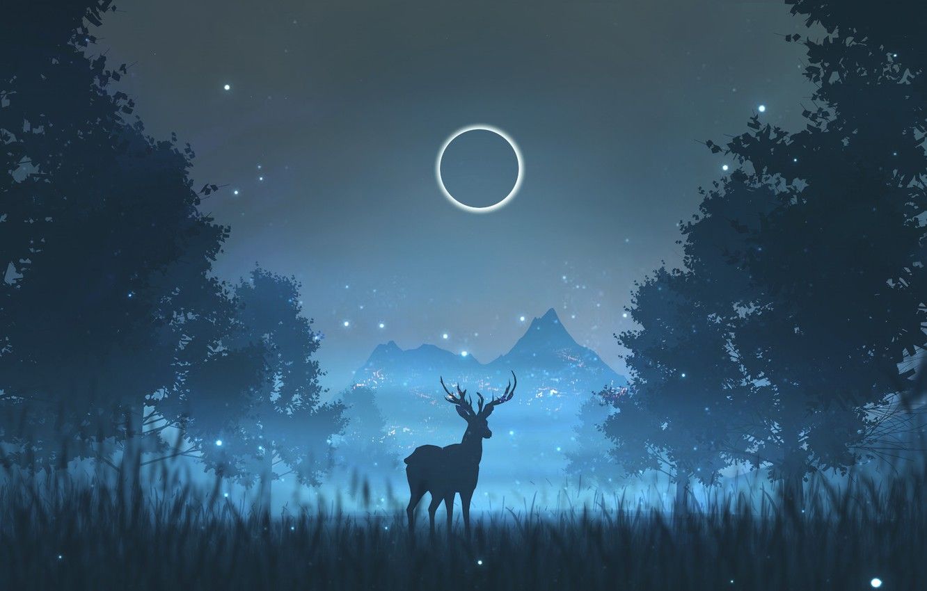 Wallpaper Night, Trees, The moon, Forest, Silhouette, Deer