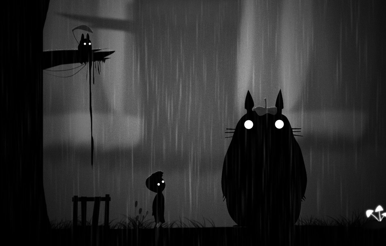 Wallpaper night, rain, art, Totoro, Limbo. boy image for desktop