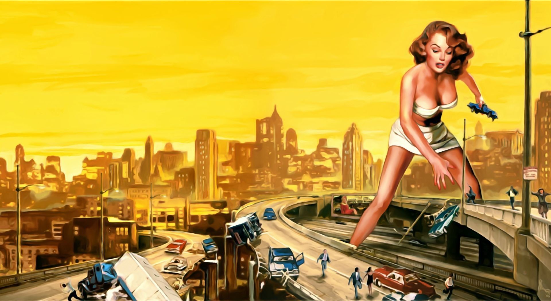 Pin Up Styled Girl Destroying a City HD wallpaper