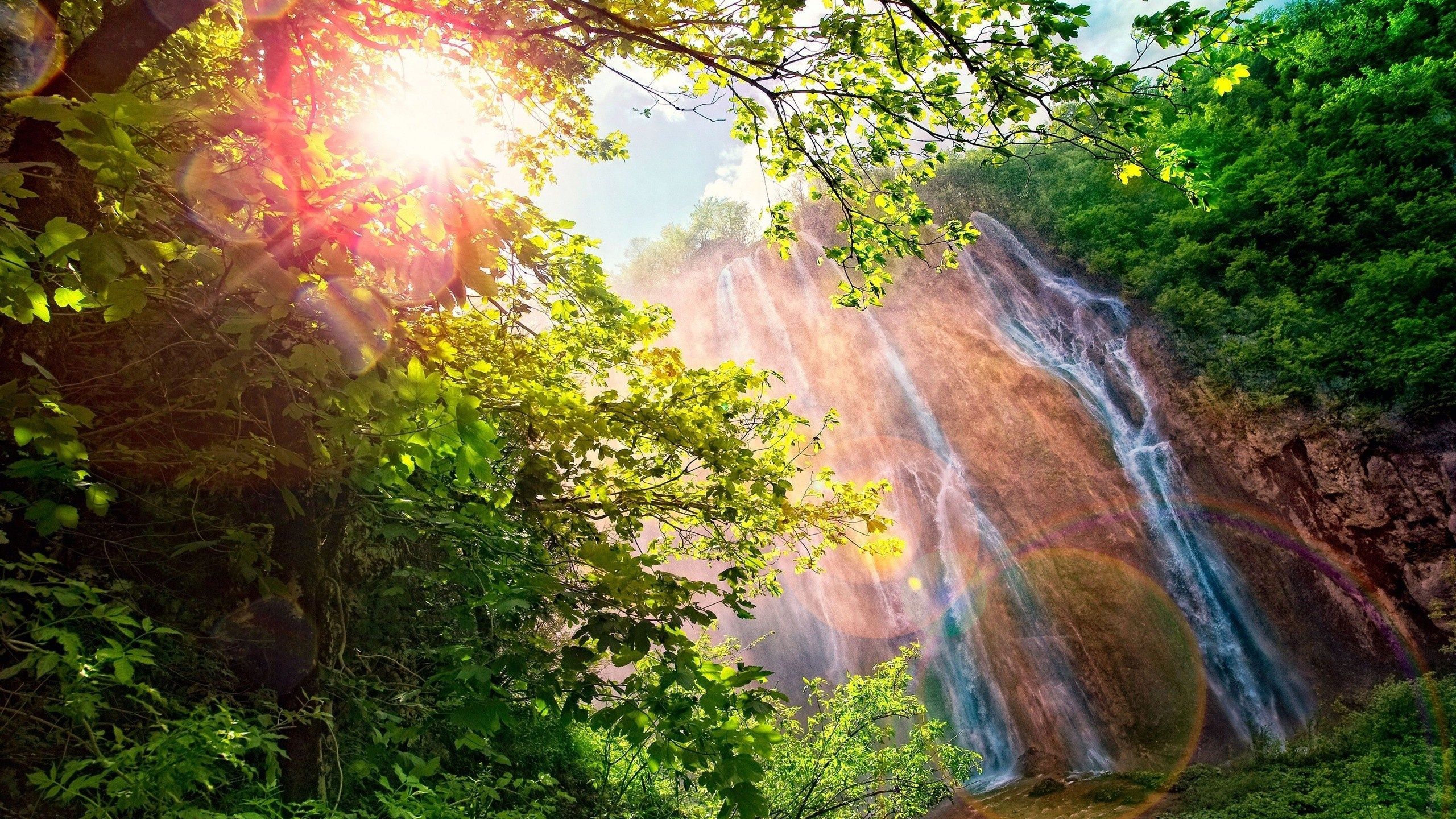 Wallpaper Waterfall, forest, trees, sunshine, glare, beautiful