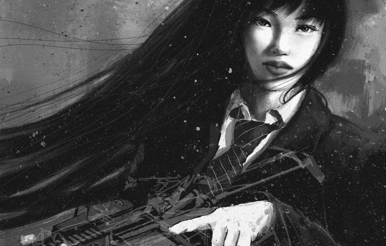 Wallpaper look, girl, weapons, art, tie, black and white, form