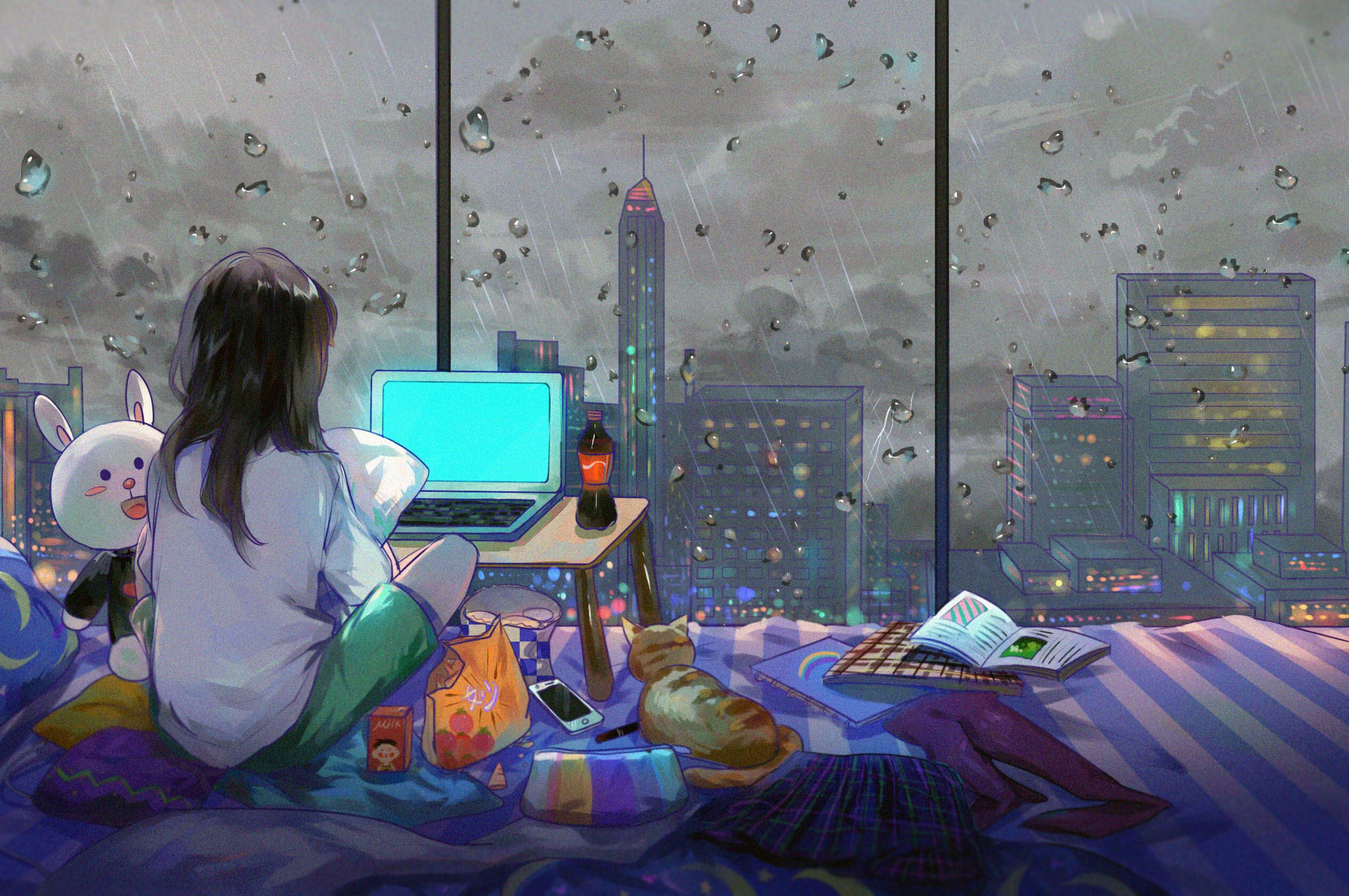 Anime Girl Room City Cat Chromebook Pixel HD 4k