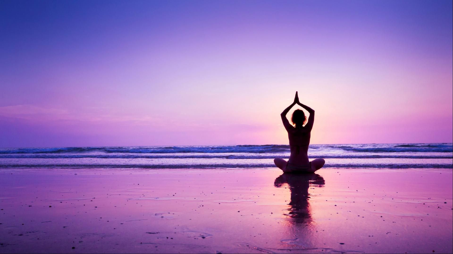 Yoga Wallpaper with Girl in a Purple Sunset at Beach