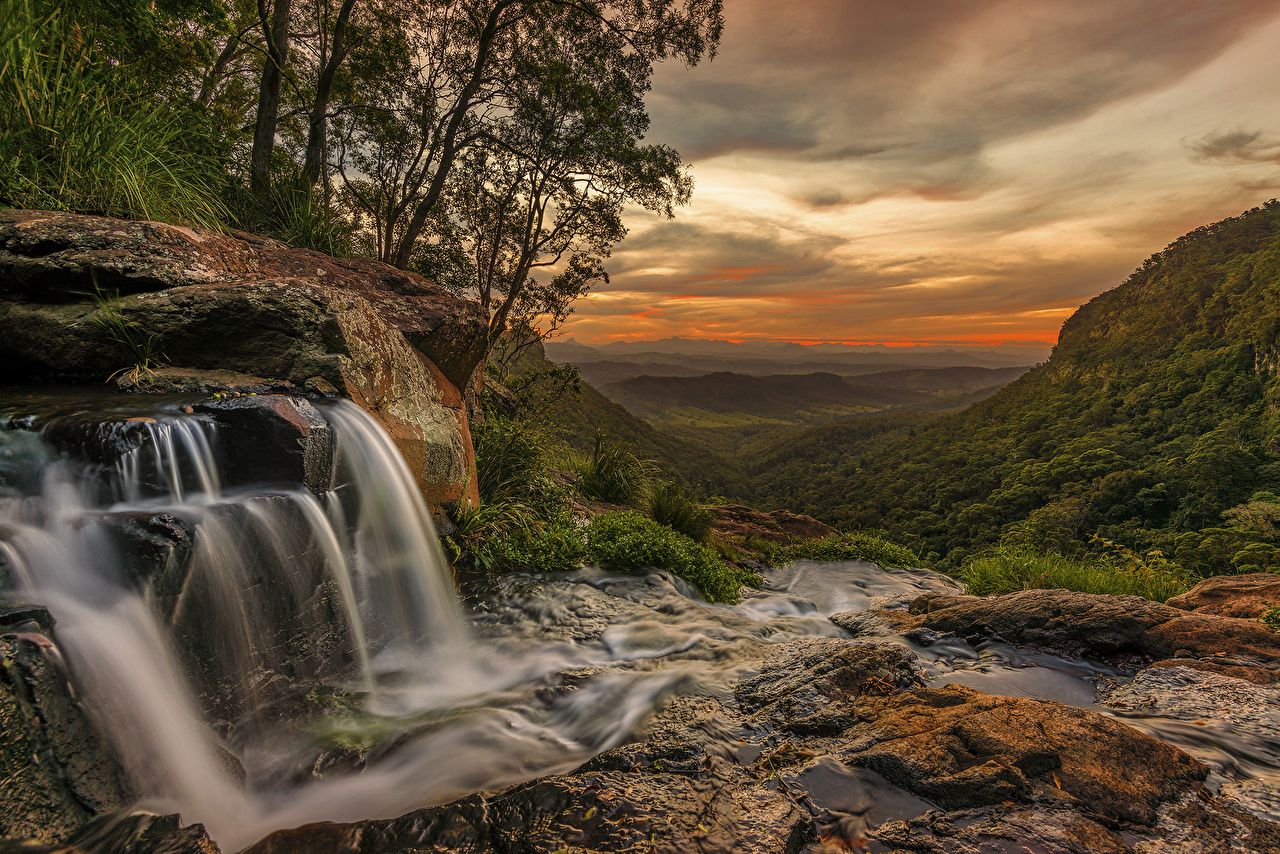 Desktop Wallpaper Australia Queensland Nature Waterfalls Stones