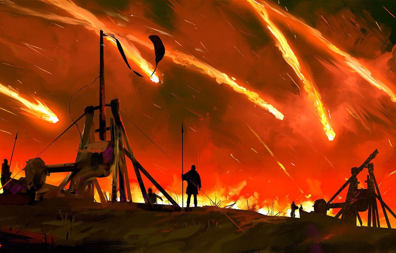 Wallpaper fire, warriors, catapult, throwing, Meteor in the sky