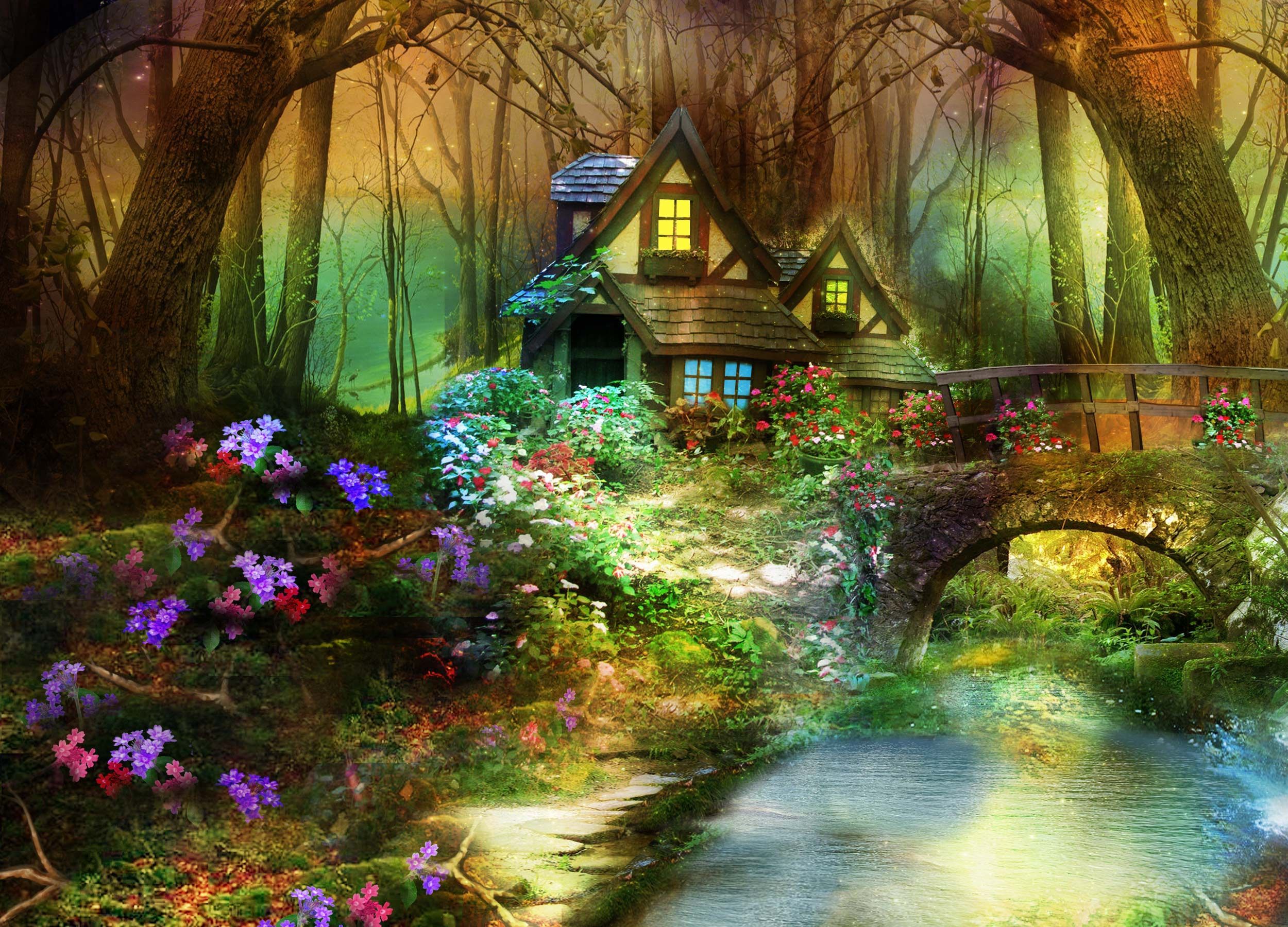 3D nature phantasmagoria fantasy flowers forest trees flowers house. Forest wallpaper, Fantasy landscape, Magical forest