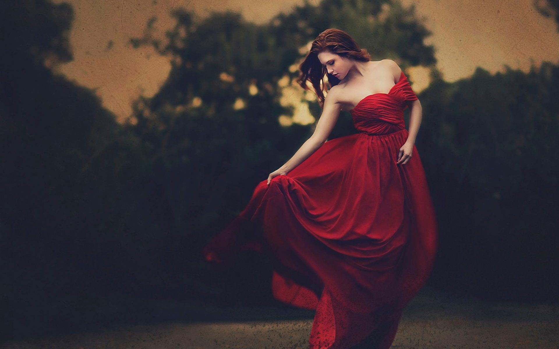 Wallpaper Beautiful red dress girl, dusk 1920x1200 HD Picture, Image