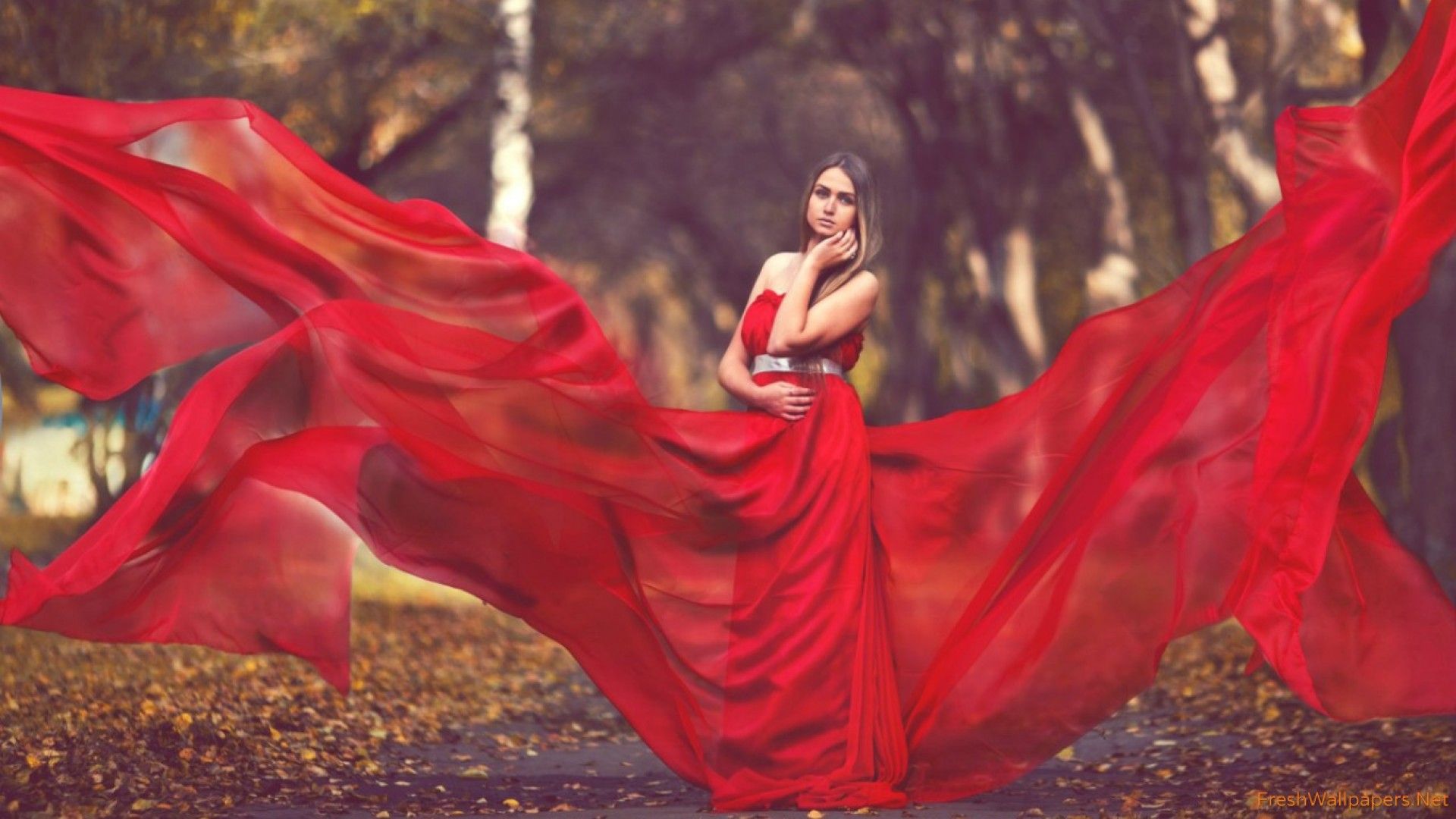 Red Experimental Dress Beautiful Girls Standing On Autumn Road HD 154 - Girl With Red Dress On Flame Wallpaper