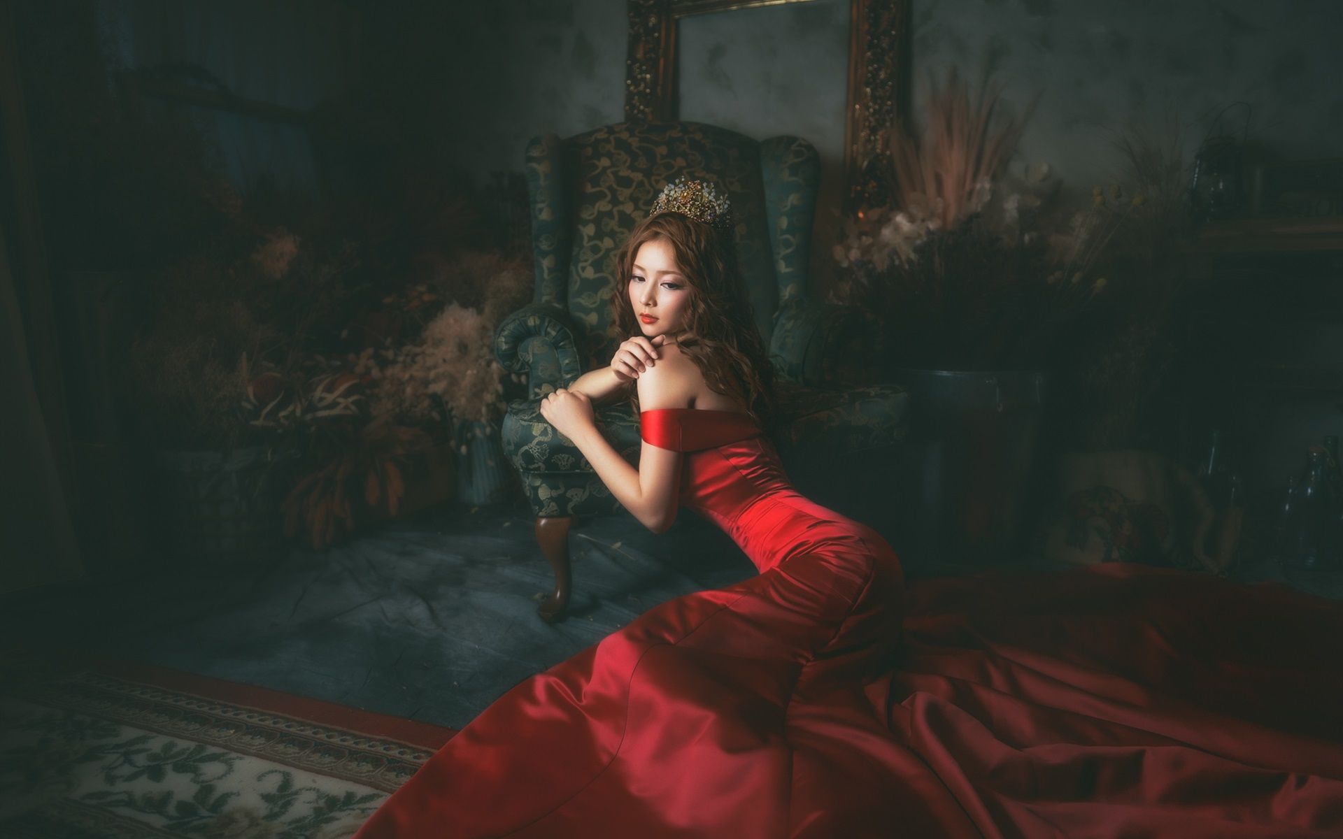 Wallpaper Red dress Asian girl in the room 1920x1200 HD Picture, Image