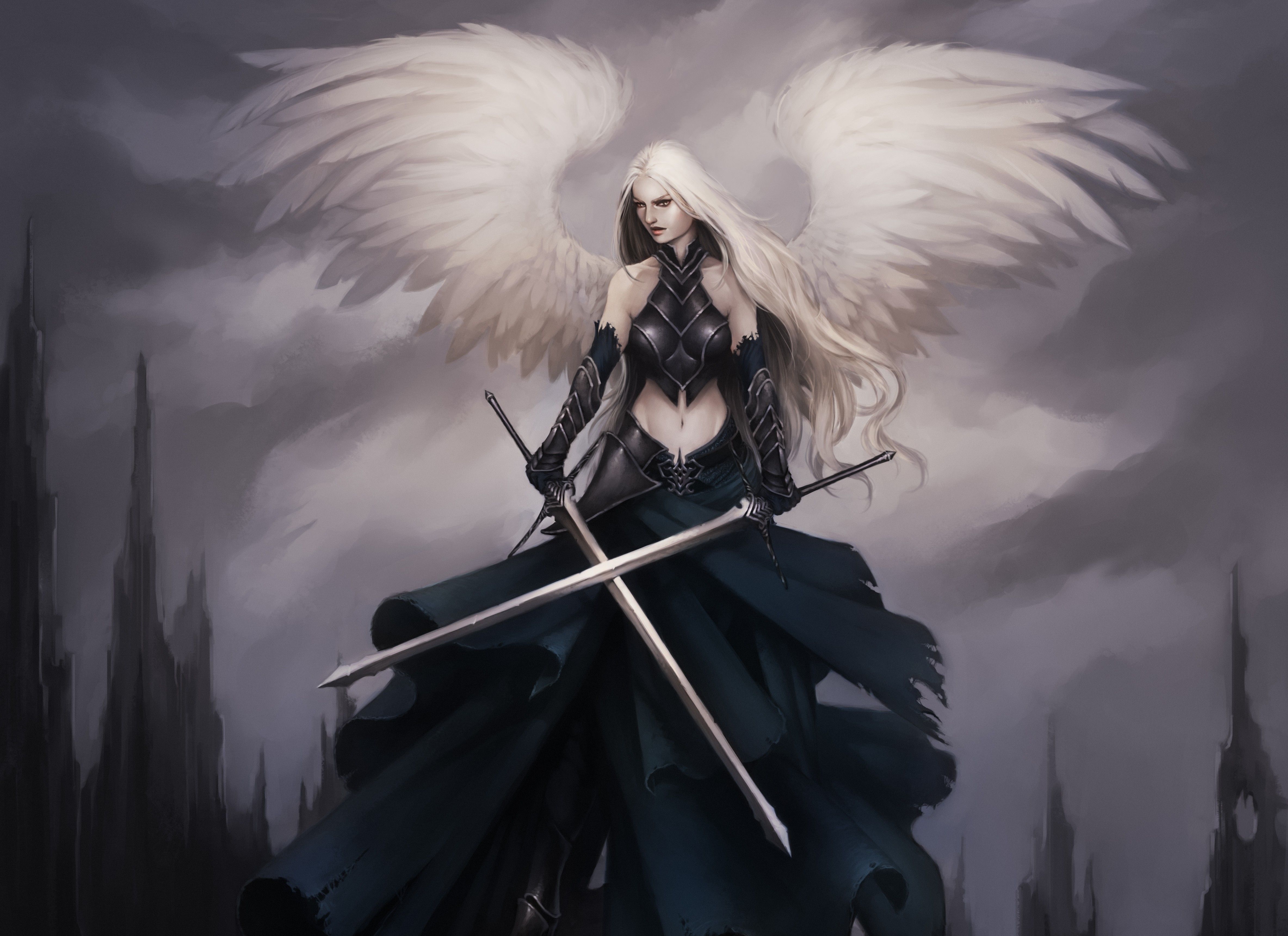Gothic Female Angels Chained Up. Angel Warrior Sword Wings Armor