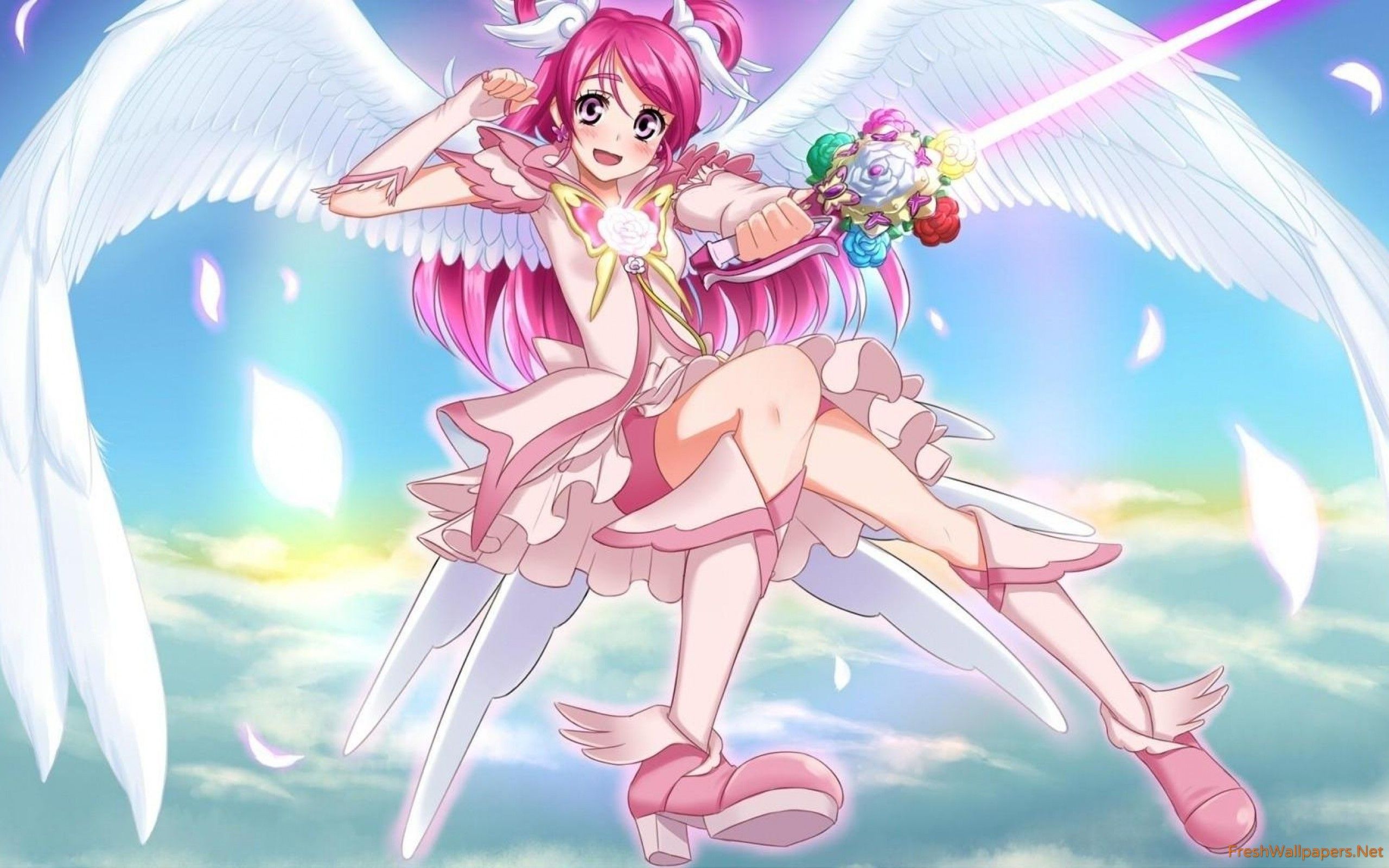 Angel with pink hair holding a magical sword wallpaper