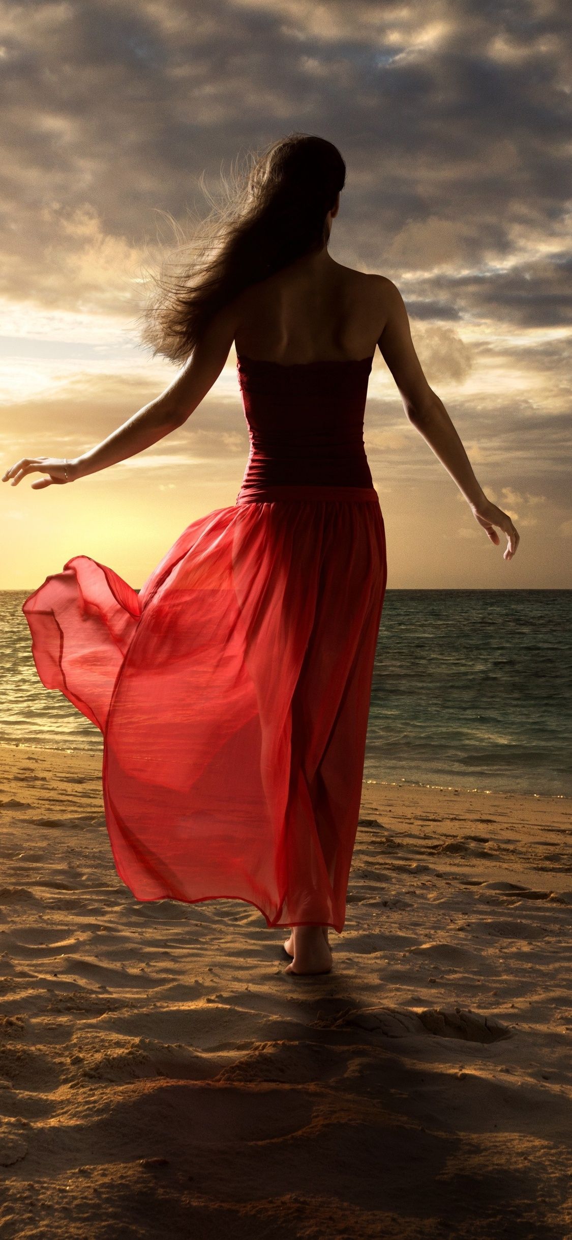 Women Beach Sand Walking Red Dress iPhone XS, iPhone 10