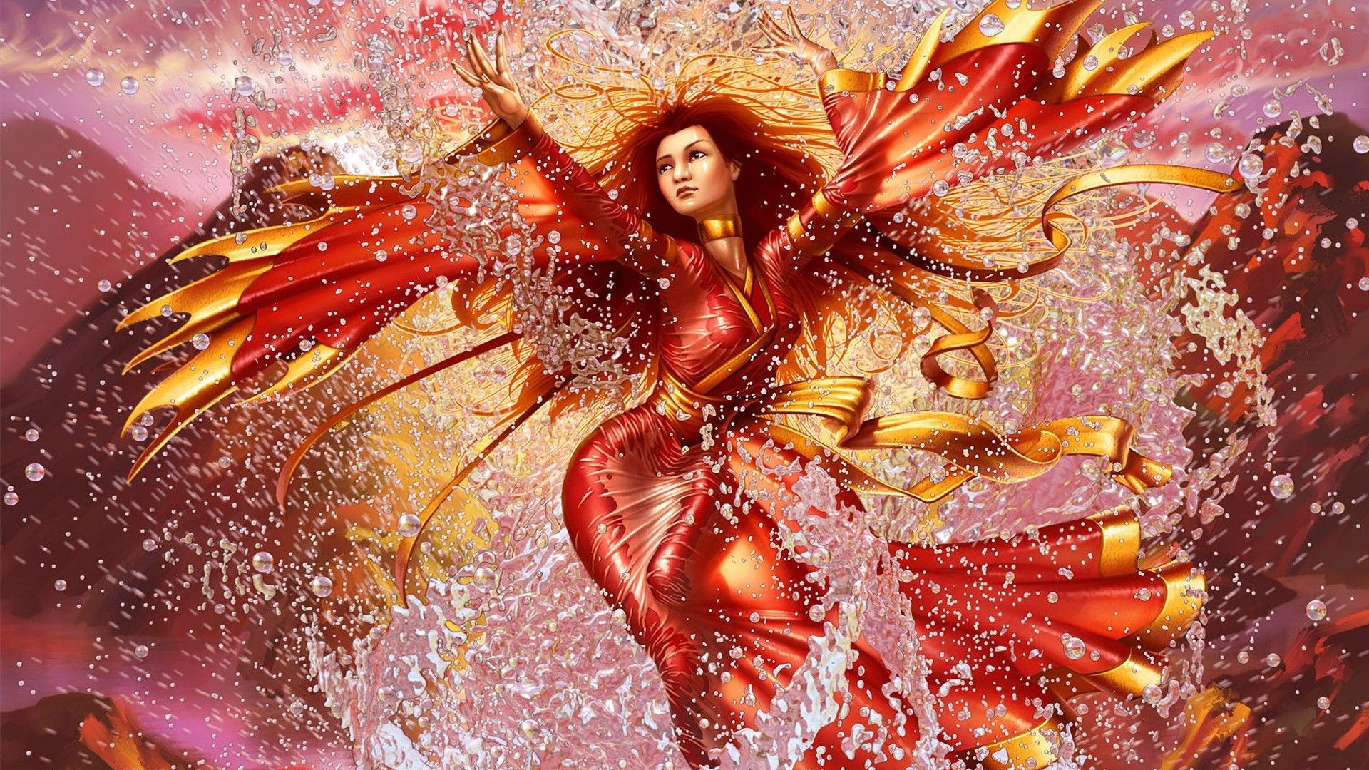 The girl in the red dress and splashing water wallpaper