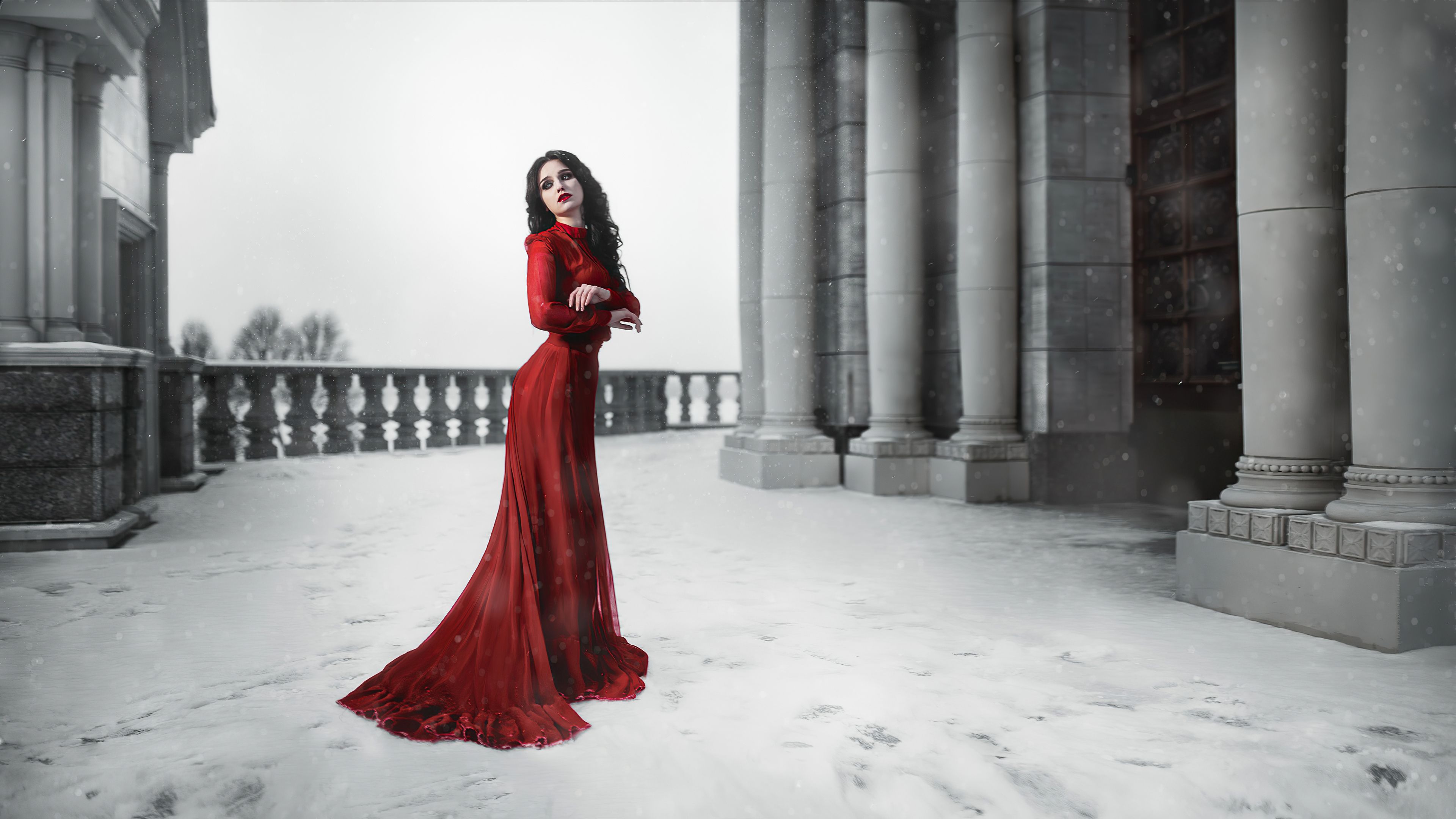 Girl Red Dress Snow Photohoot Sony Xperia X, XZ, Z5