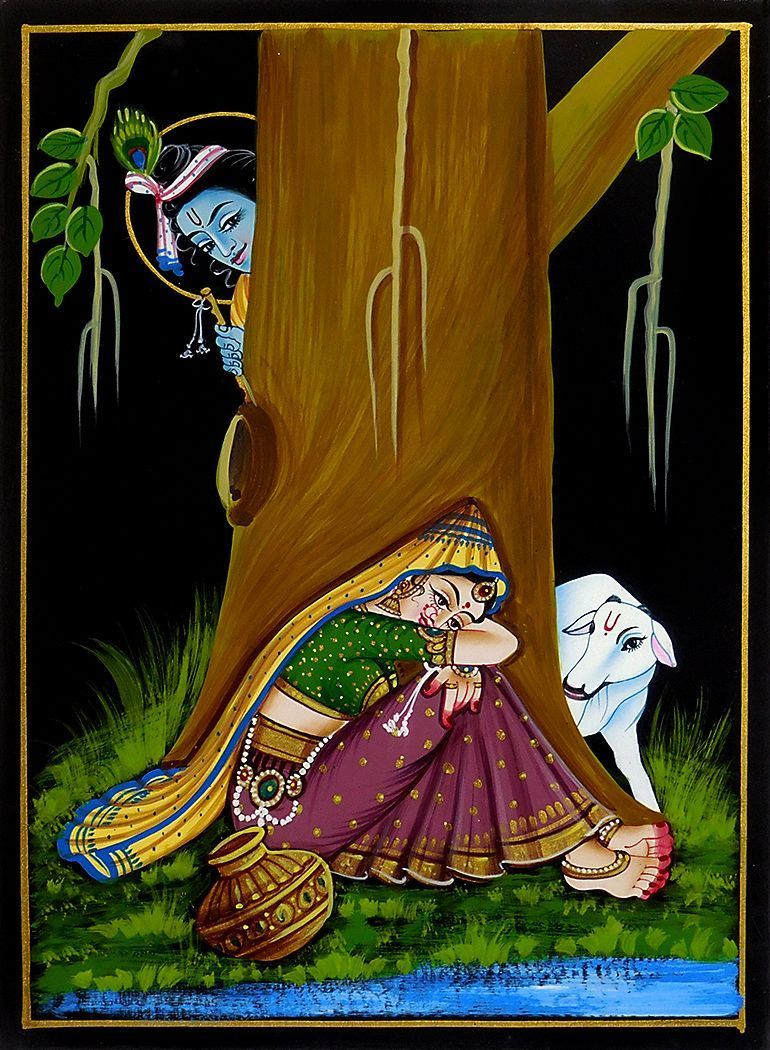 Krishna Peeping at Radha Painting on Wood. Krishna