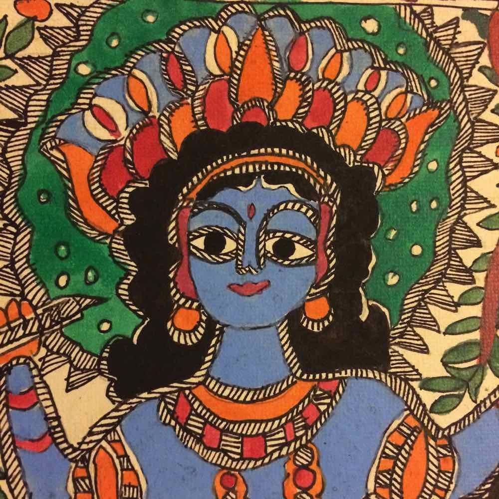 Lord Krishna On Kaliya Snake Painting Madhubani Art
