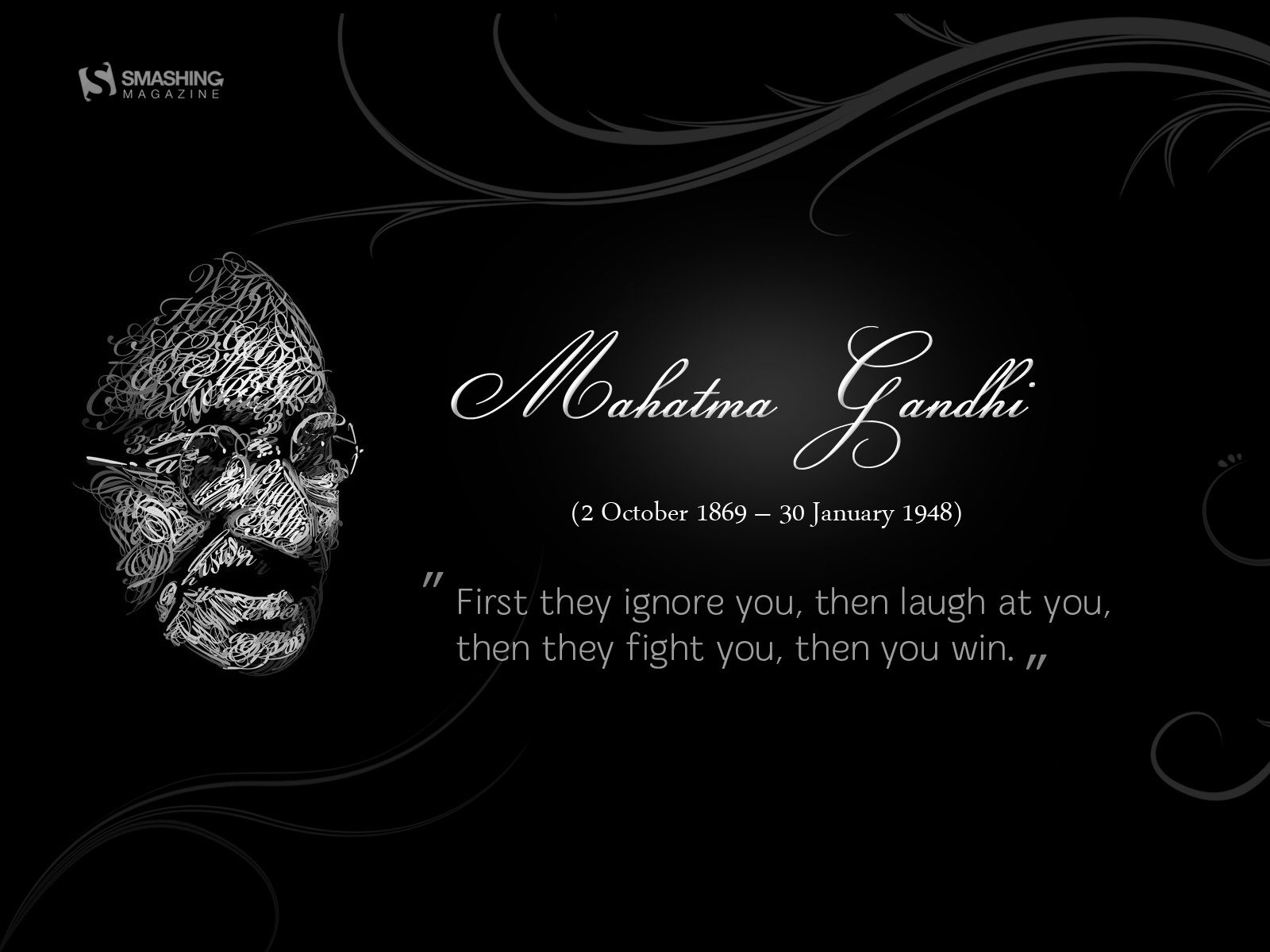 Motivational Wallpaper Quote by Mahatma Gandhi: First they ignore