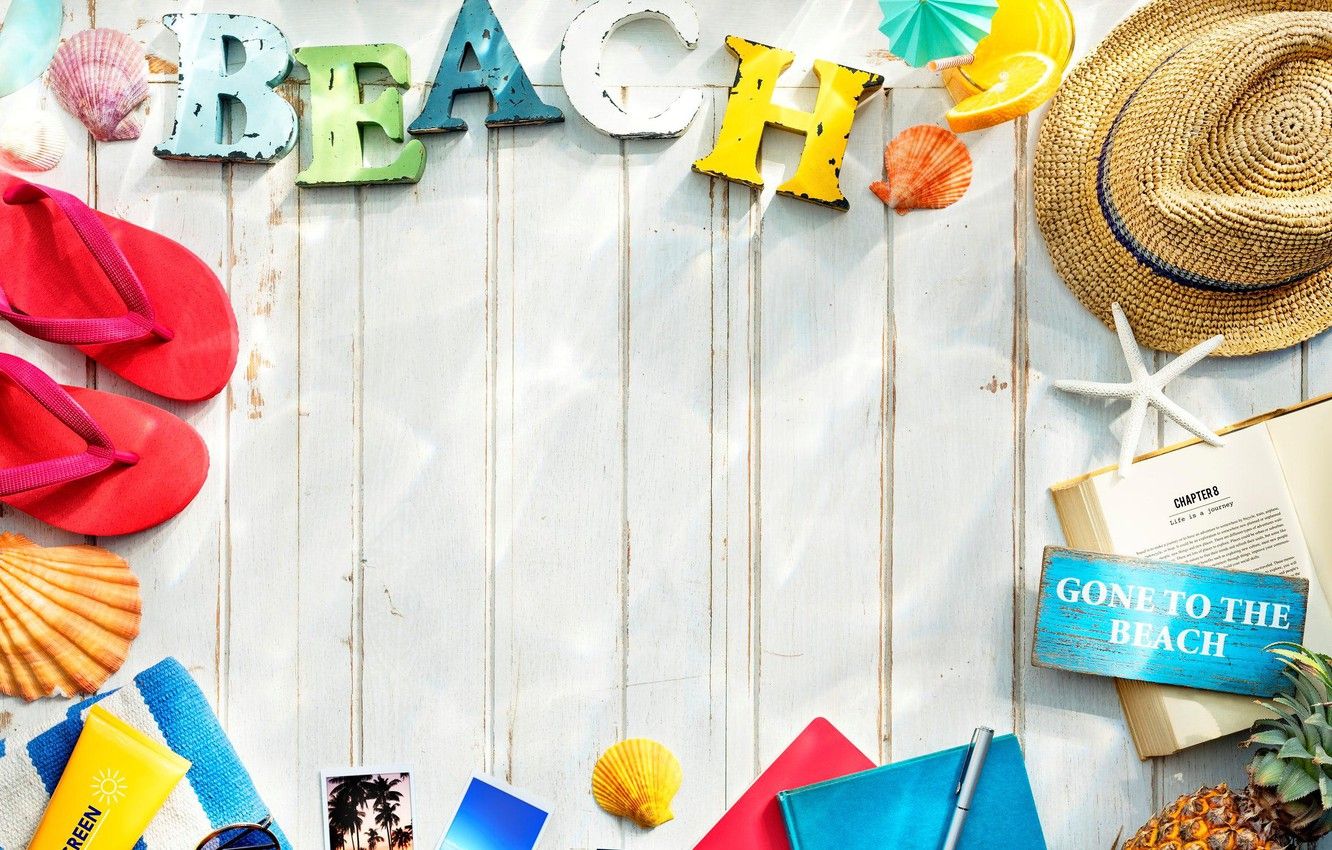 Wallpaper hat, shell, summer, slates, letters, book