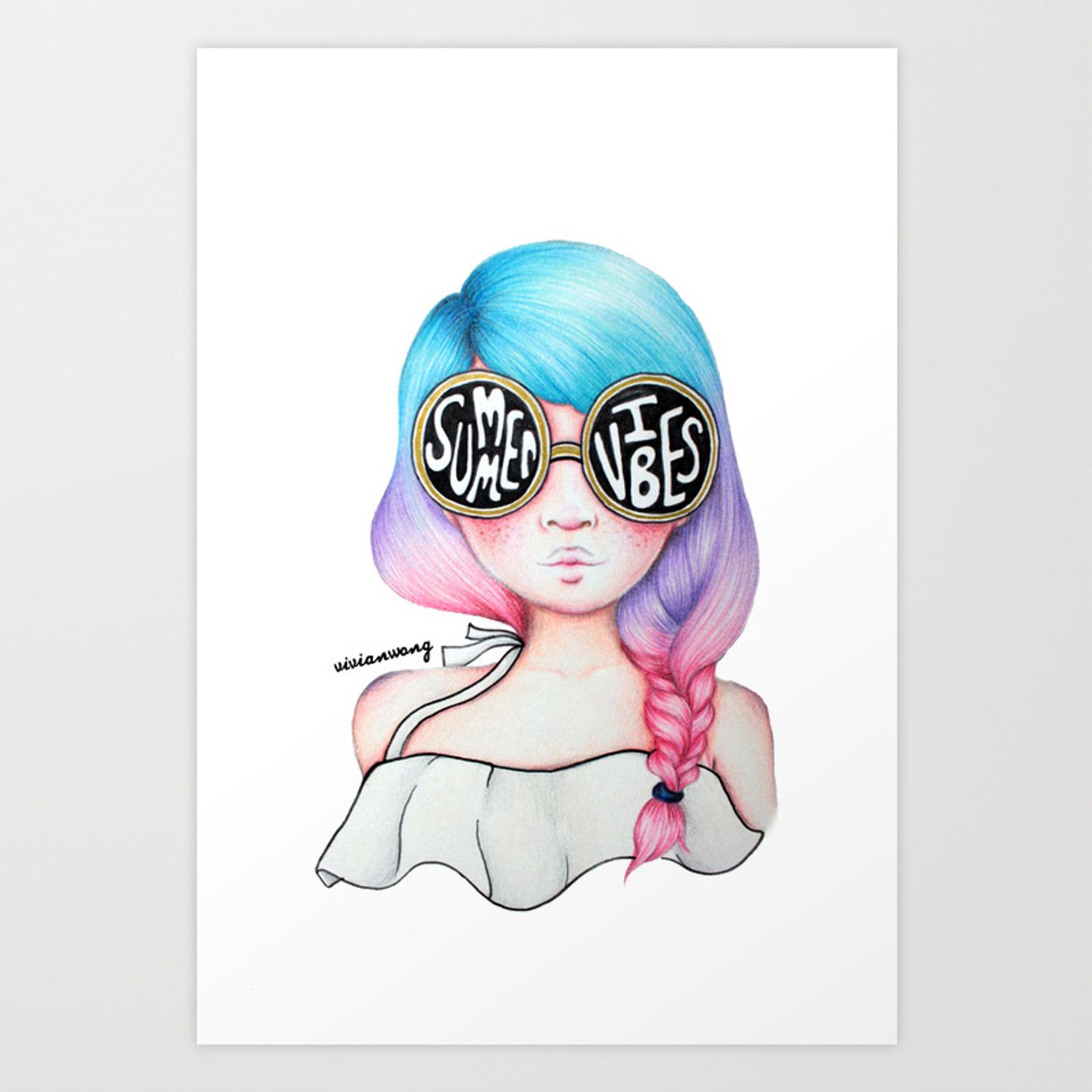 Summer Vibes Colourful Hair Girl Drawing Art Print