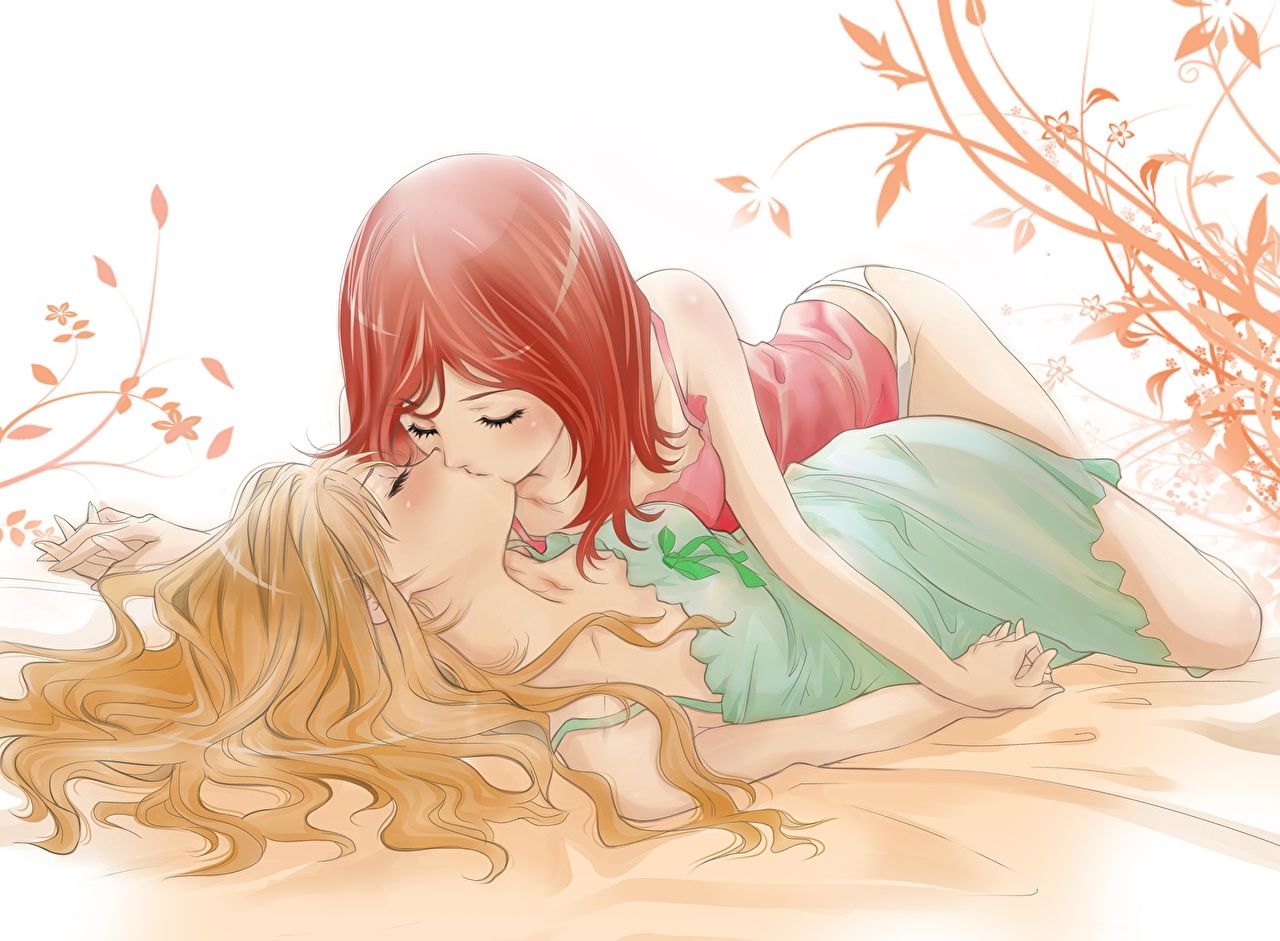 image Blonde girl Redhead girl kisses Girls Anime