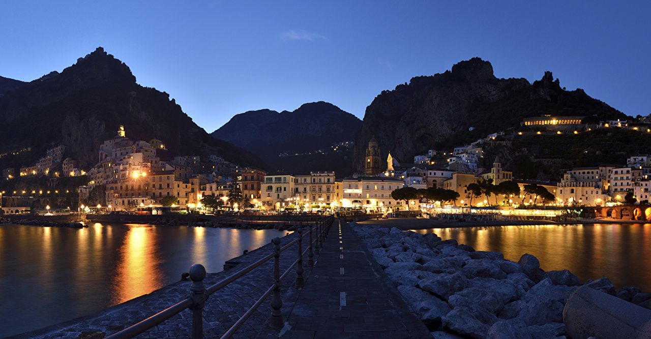 Photo Amalfi Italy Mountains Fence Coast night time Cities Houses