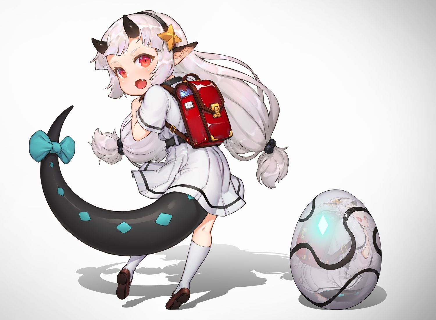 bow demon epic7 fang gradient gray hair headband horns kneehighs