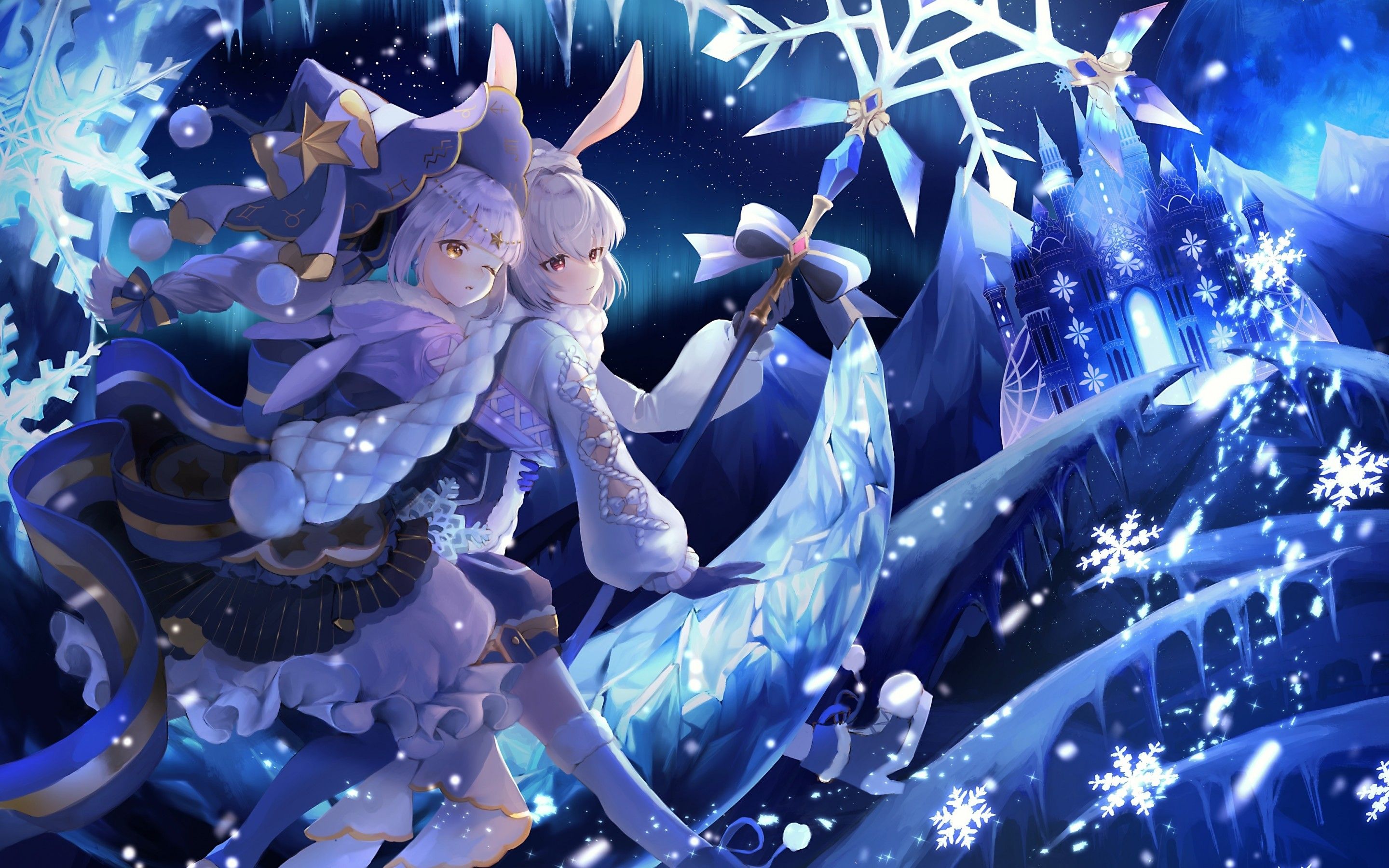 Download 2880x1800 Ice Castle, Anime Girls, Bunny Ears, Cold