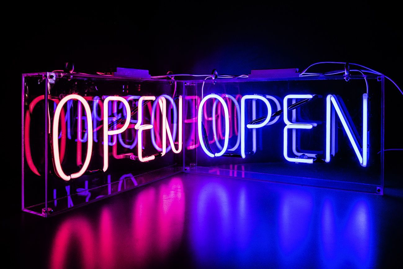 Open (Blue) London neon signs, prop hire, large format printing. Neon signs, Neon aesthetic, Neon open sign