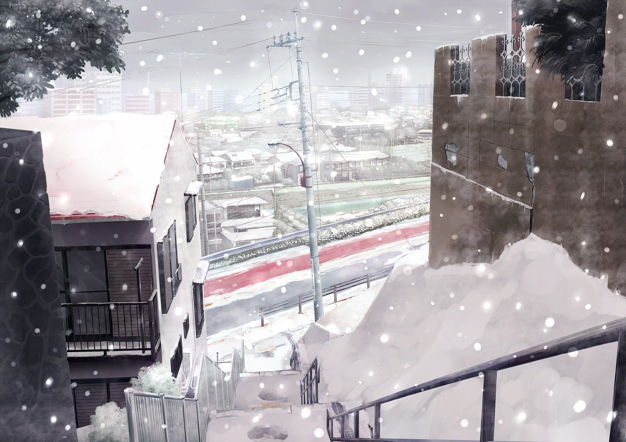 city, #cityscape, #stairs, #winter, #anime, #snow, wallpaper. Winter wallpaper, Anime snow, Anime scenery