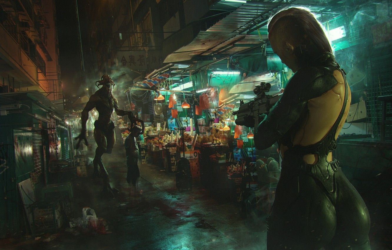 Wallpaper Girl, Night, The city, Monster, Girl, City, Weapons