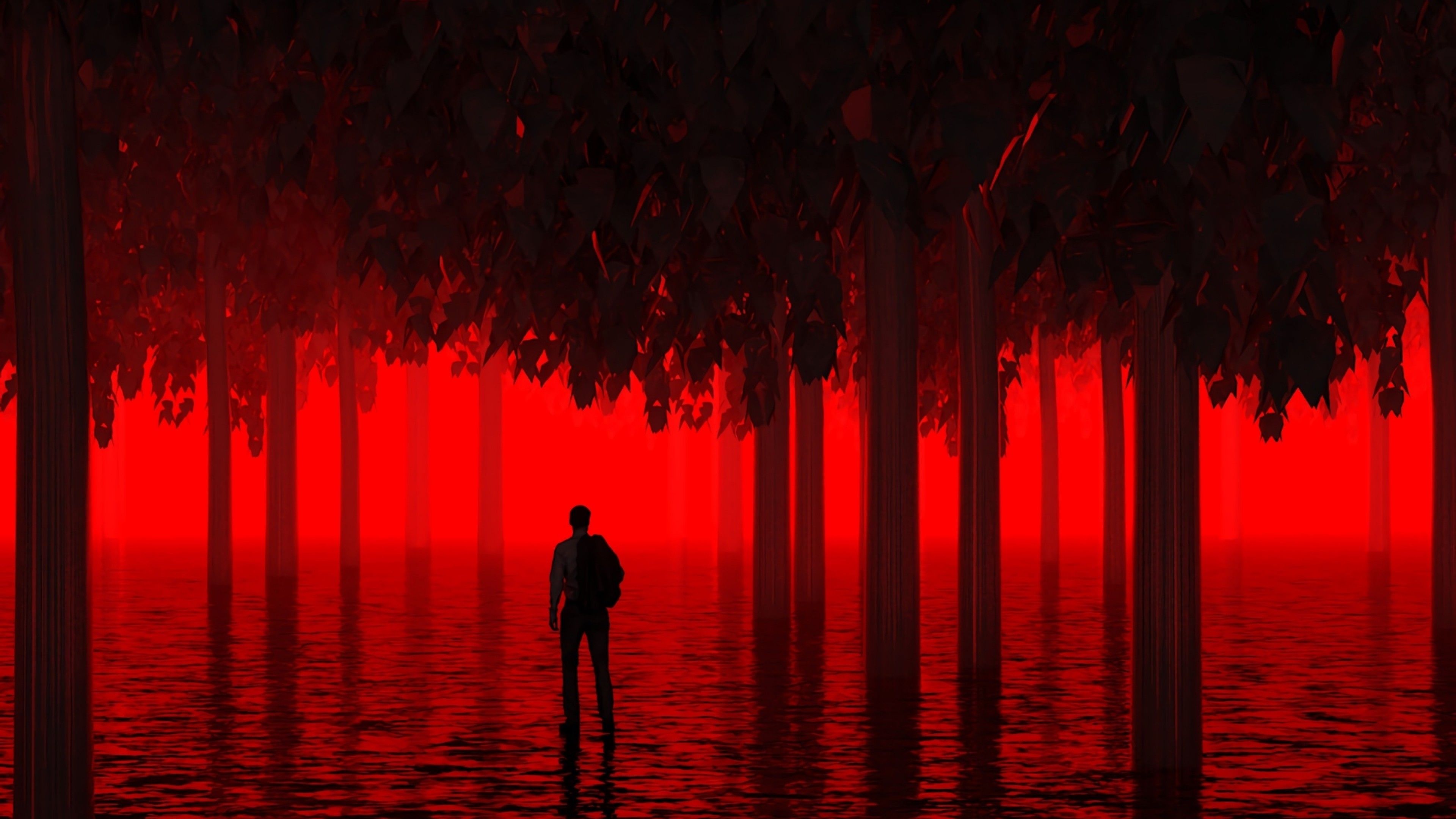 Download 3840x2160 Red Forest, Thriller, Man Silhouette Wallpaper