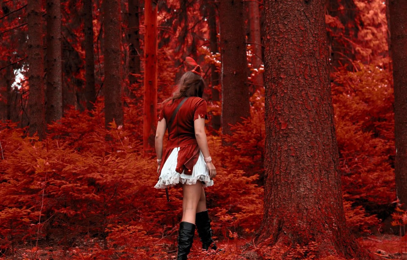 Wallpaper girl, red, in red, cap, red forest image for desktop
