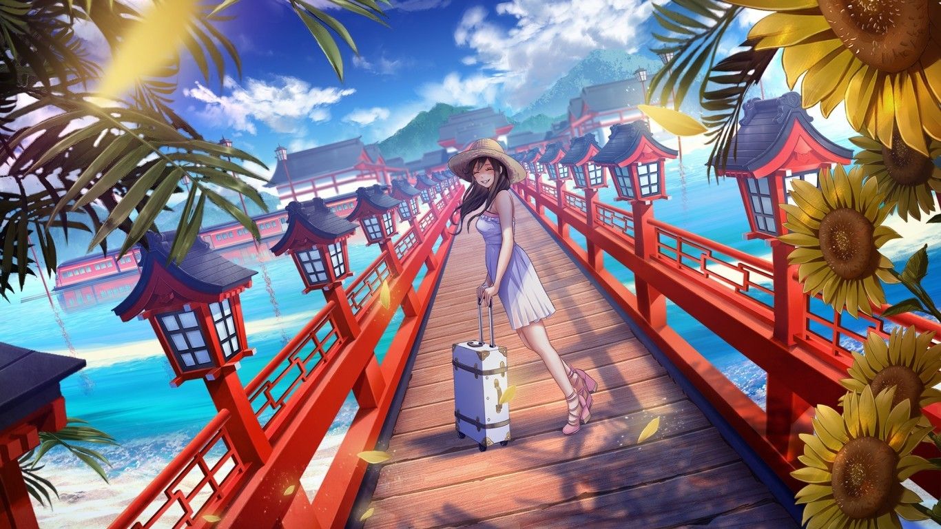 Download 1366x768 Anime Girl, Summer, Bridge, Japan Traditional