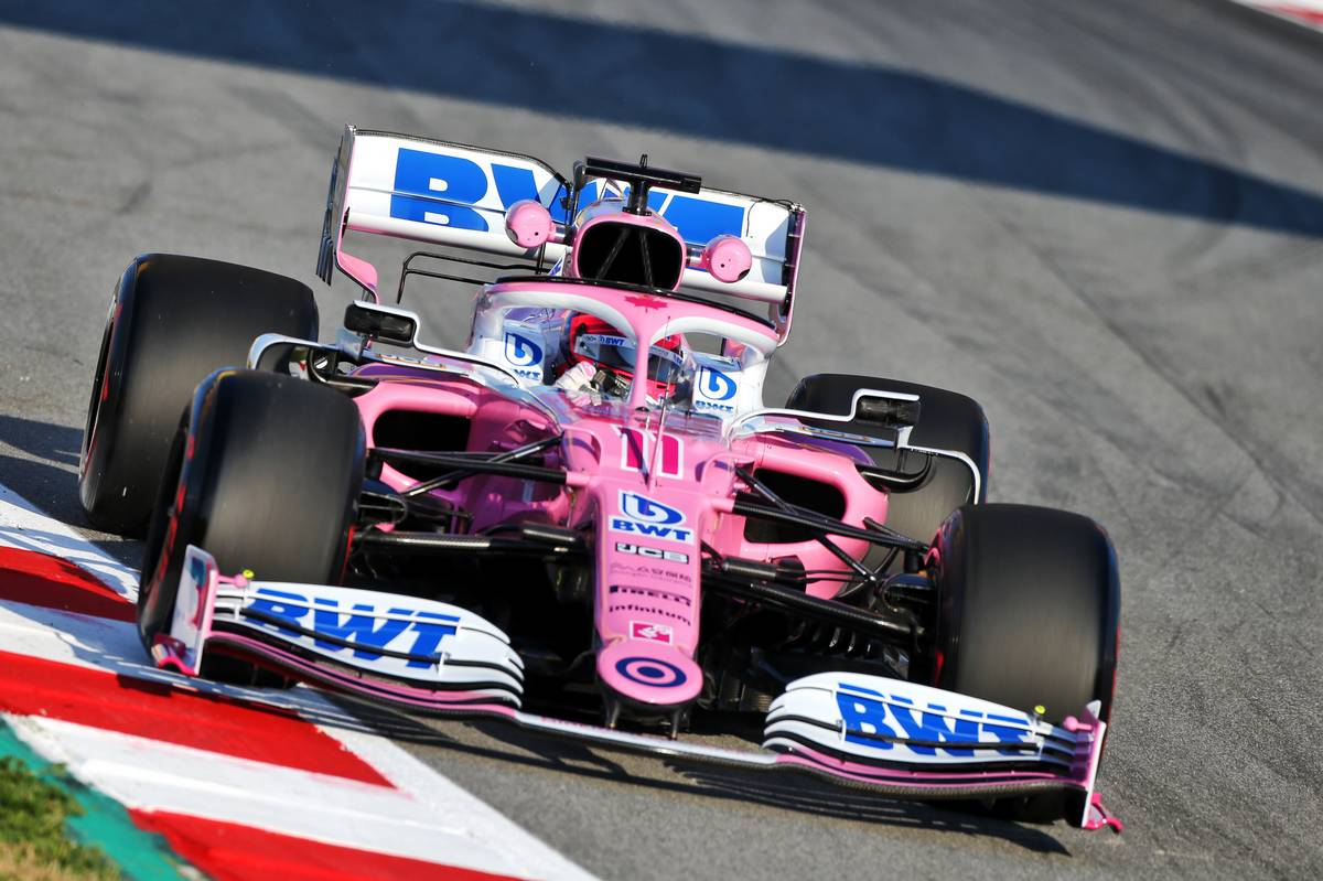 Pink Mercedes Sainz and Kimi Raikkonen Mock Racing Point