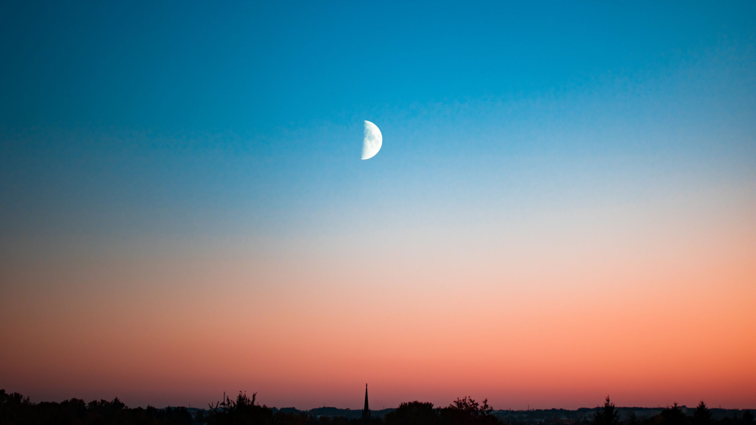 Download Sunset, half moon, clean sky, minimal wallpaper