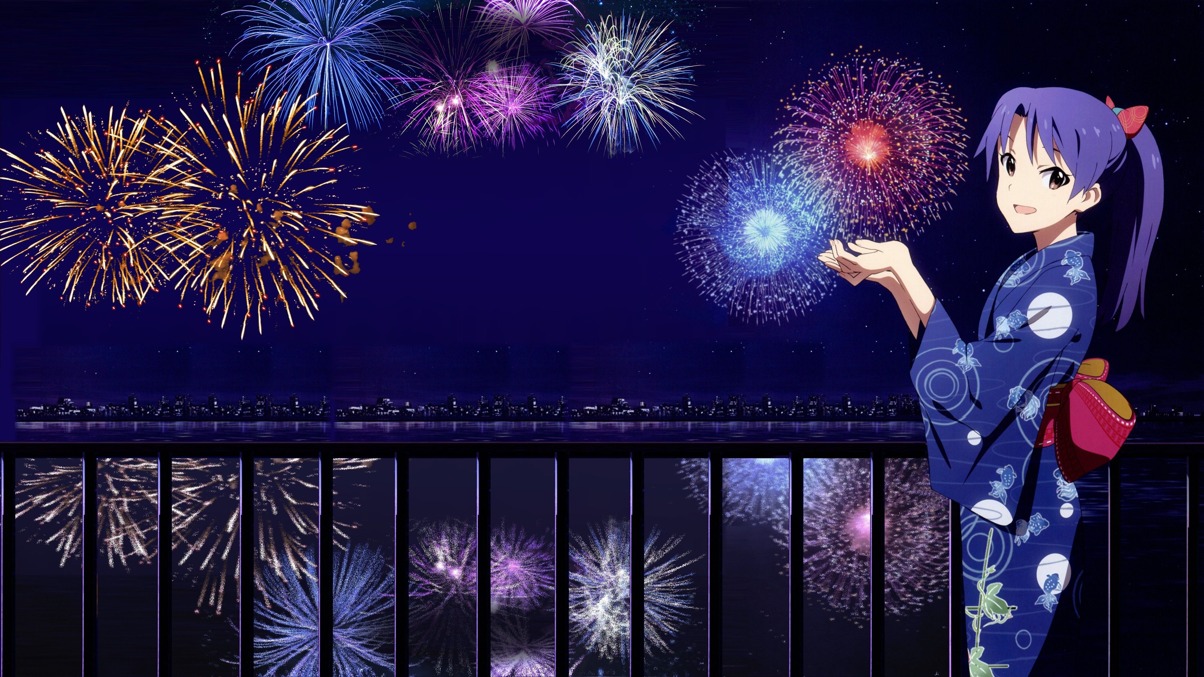 New Year, Anime, Kimono, Fireworks, THE IDOLM@STER, Kisaragi