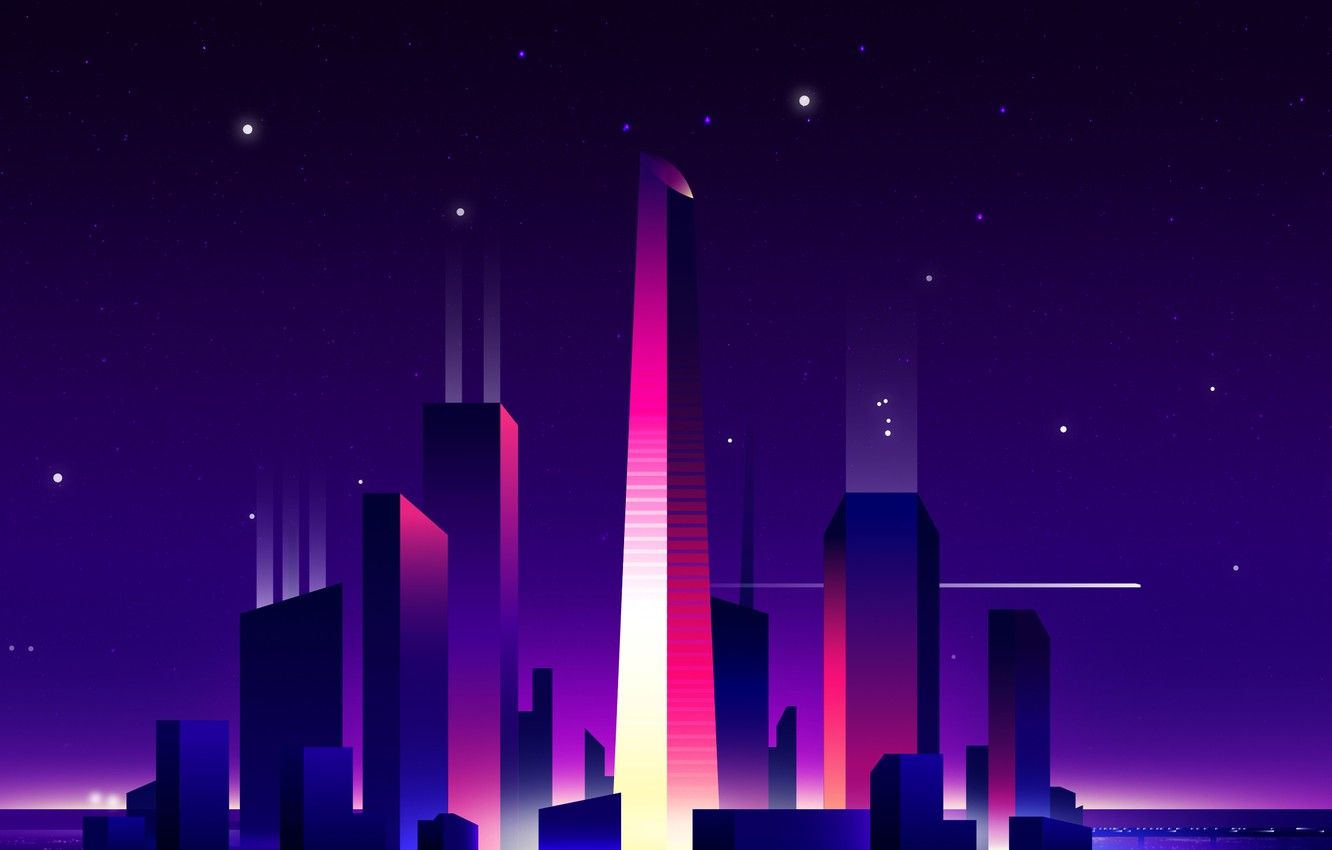 Wallpaper light, night, city, the city, skyscrapers, light, purple, minimalism, night, skyscraper image for desktop, section минимализм