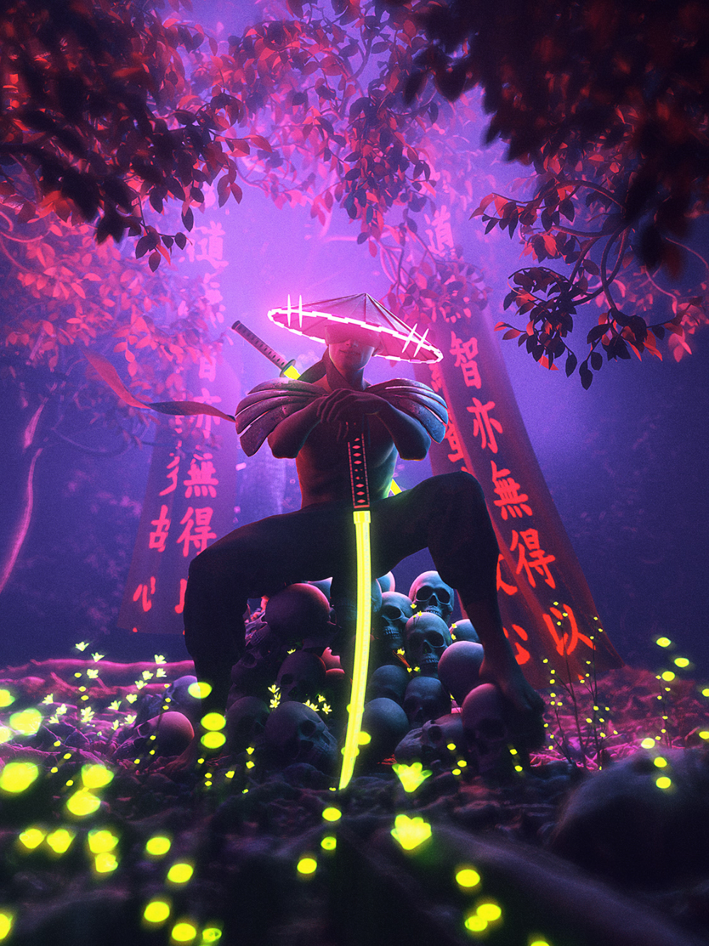 Neon samurai. Dark fantasy art, Kỳ ảo, Graffiti
