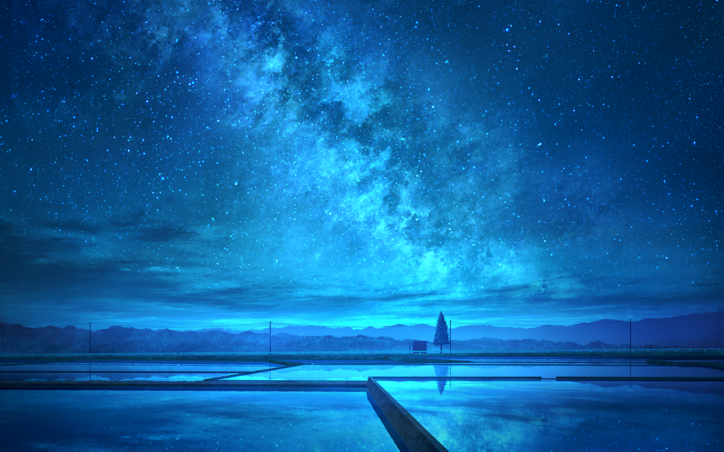 Download 1440x900 Anime Landscape, Blue Sky, Stars, Night