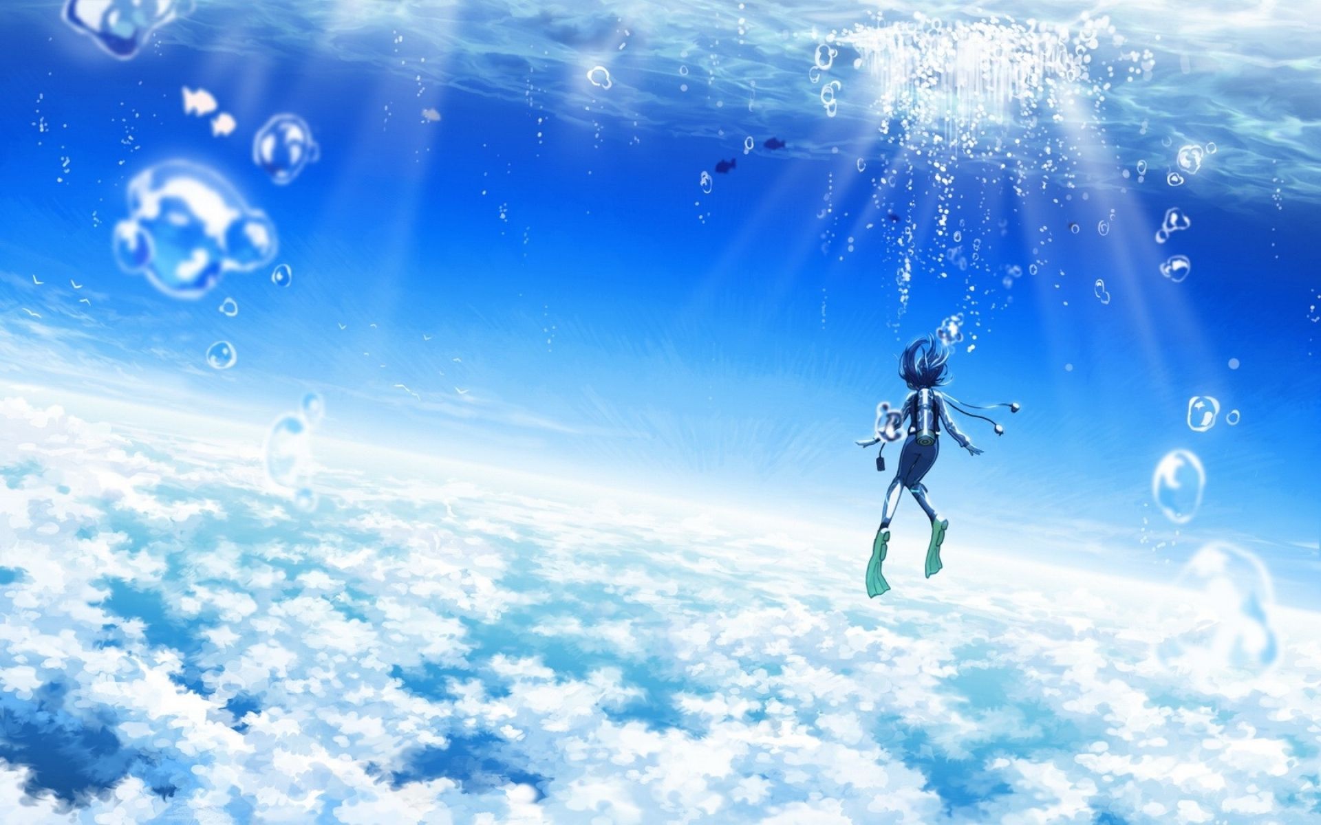 Bầu trời anime xanh được tạo ra từ những bức tranh tinh tế của các họa sĩ anime. Màu xanh cùng với mây trắng tạo nên một bầu trời tuyệt đẹp, đưa bạn vào một thế giới khác xa.