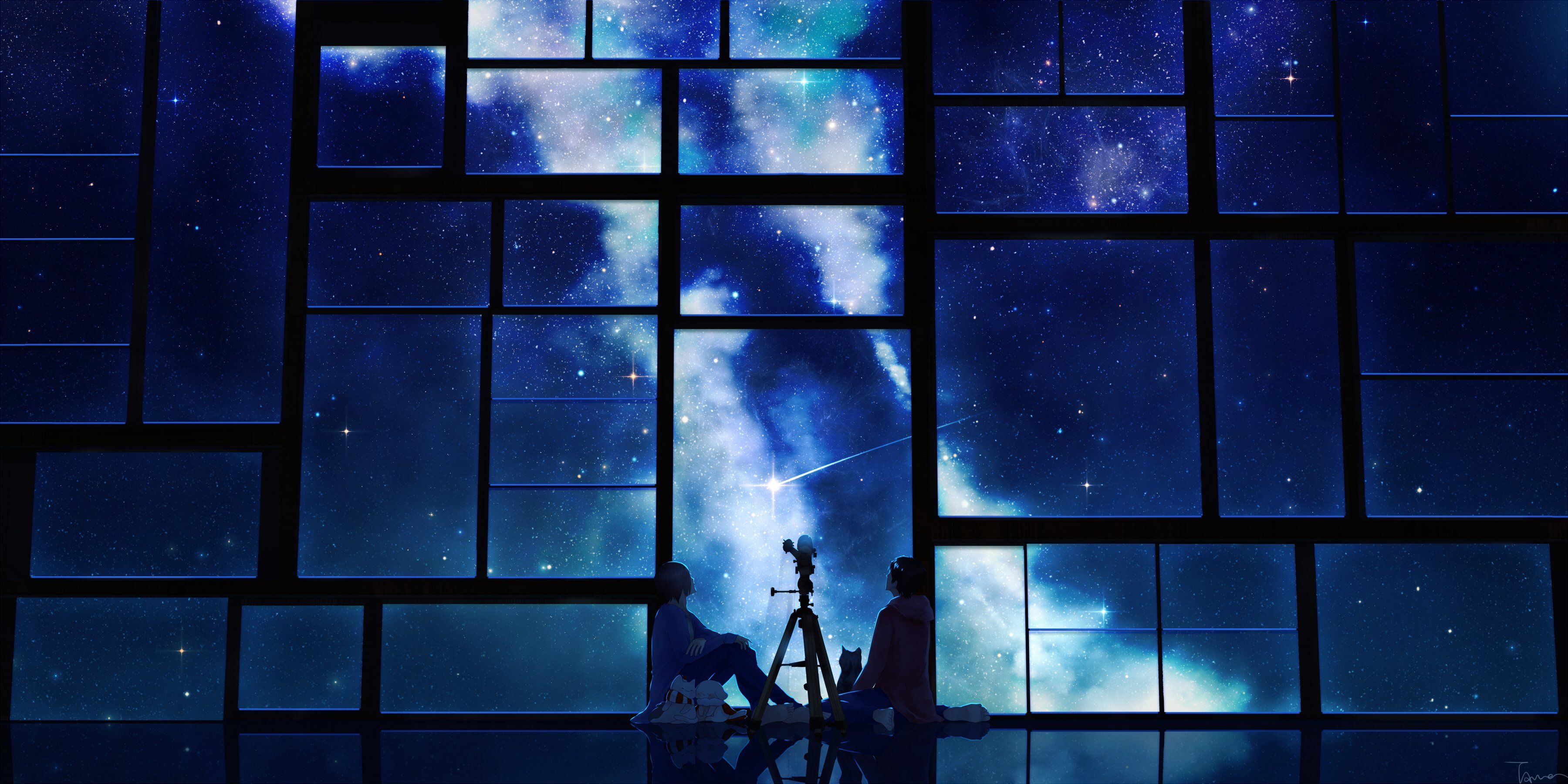 Tamagosho anime blue sky stars telescope night window wallpaper