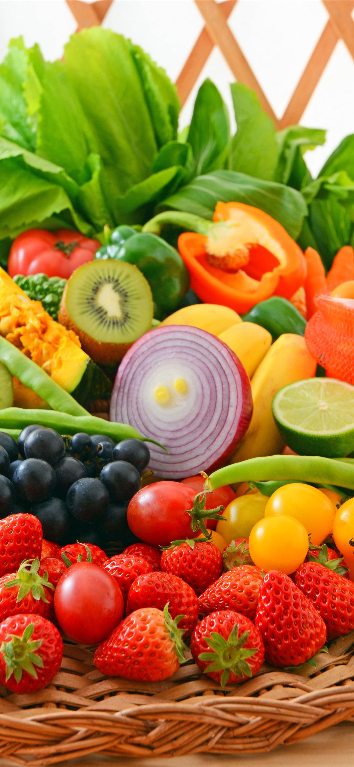 Fruit and vegetables, strawberry, grapes, kiwi, banana, onion