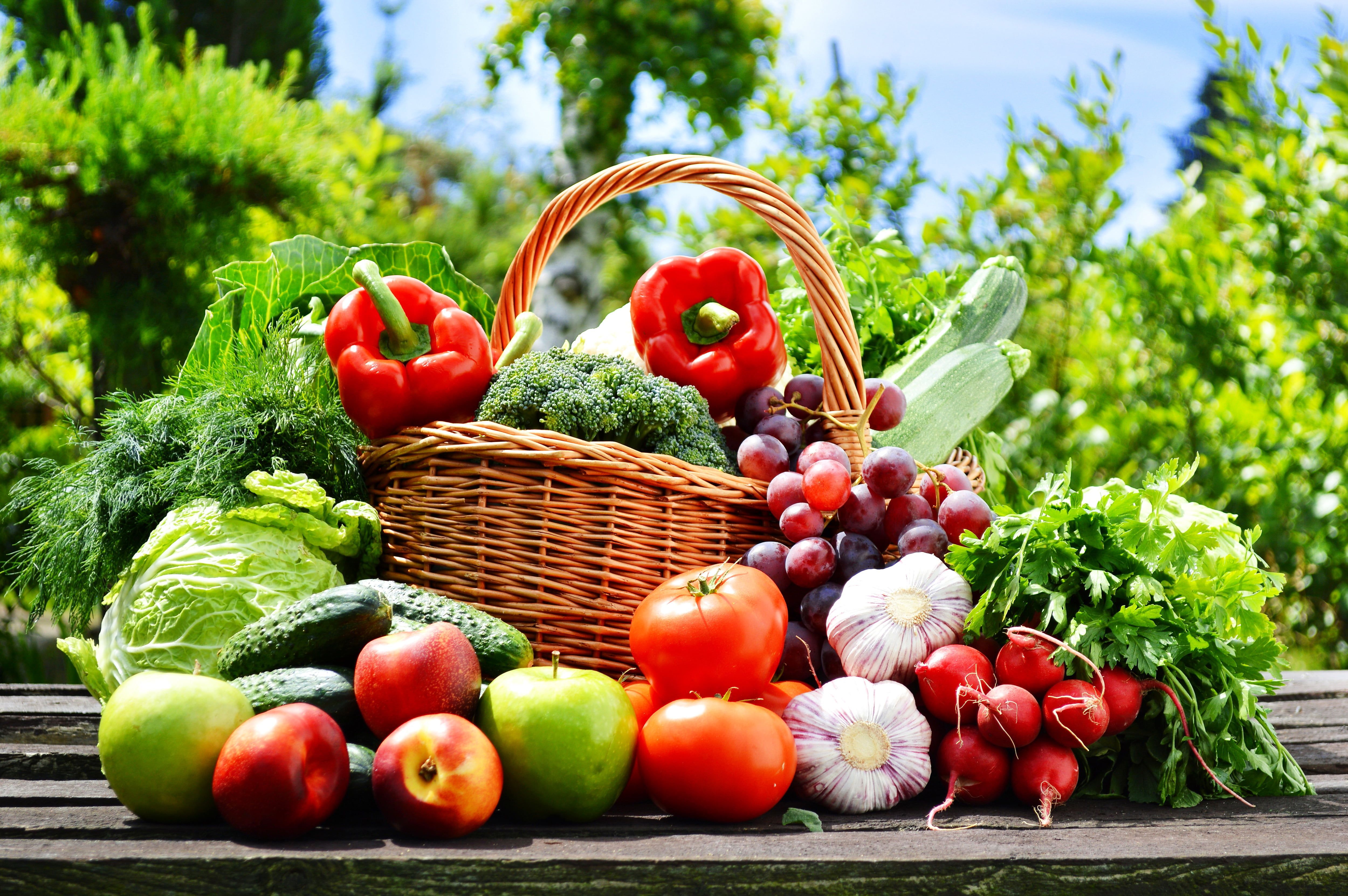 assorted fruits and vegetables #nature #basket #apples #grapes