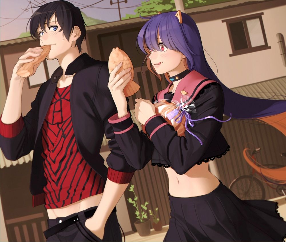 Wallpaper Anime Couple, Eating Taiyaki, School Uniform